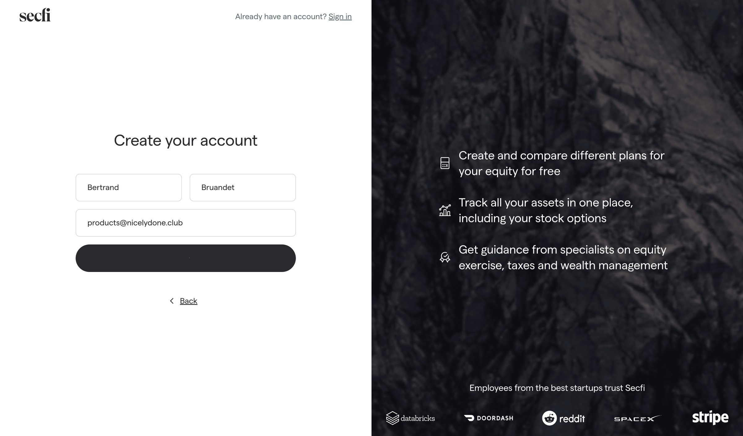 Secfi - Create your account | Secfi screen