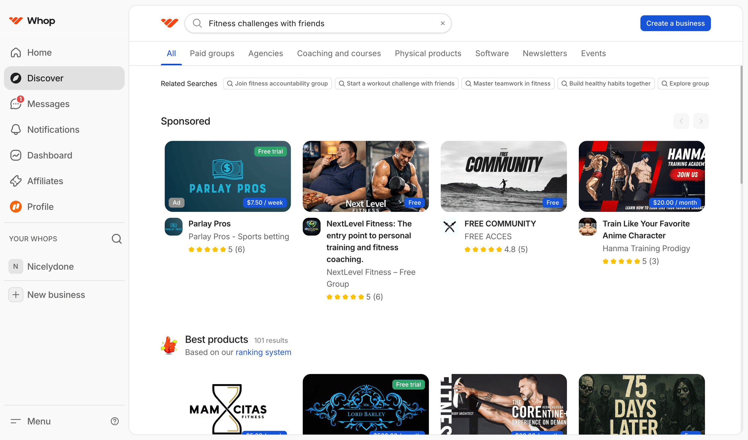 Whop - Search: Fitness challenges with friends | Whop screen