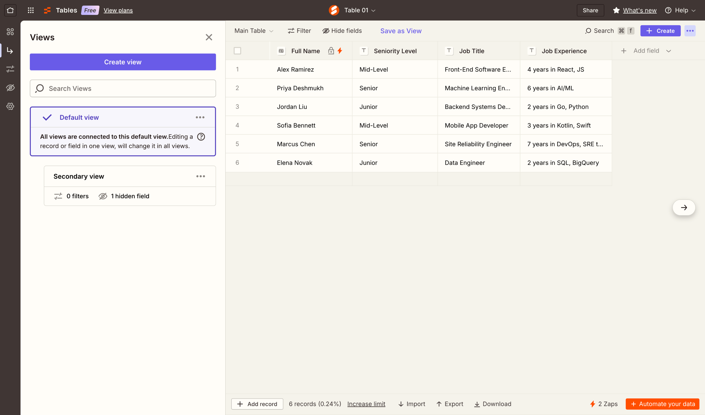 Zapier - Table 01 | Zapier screen