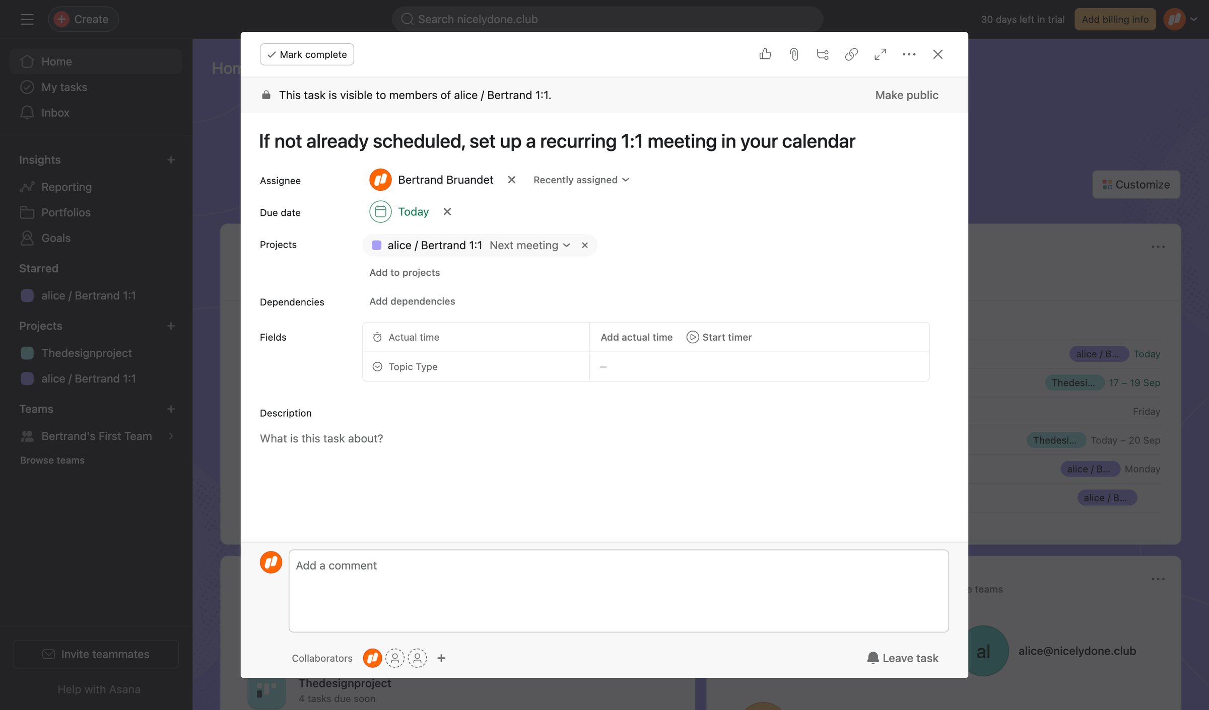 Asana - Home - If not already scheduled, set up a recurring 11 meeting in screen