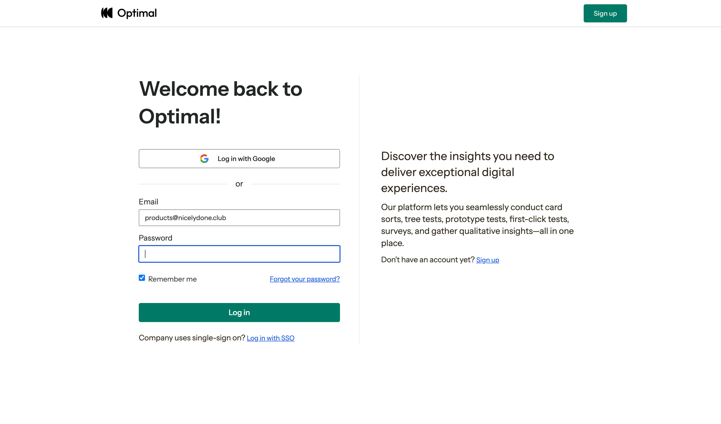 Optimal - Log In | Optimal Workshop screen