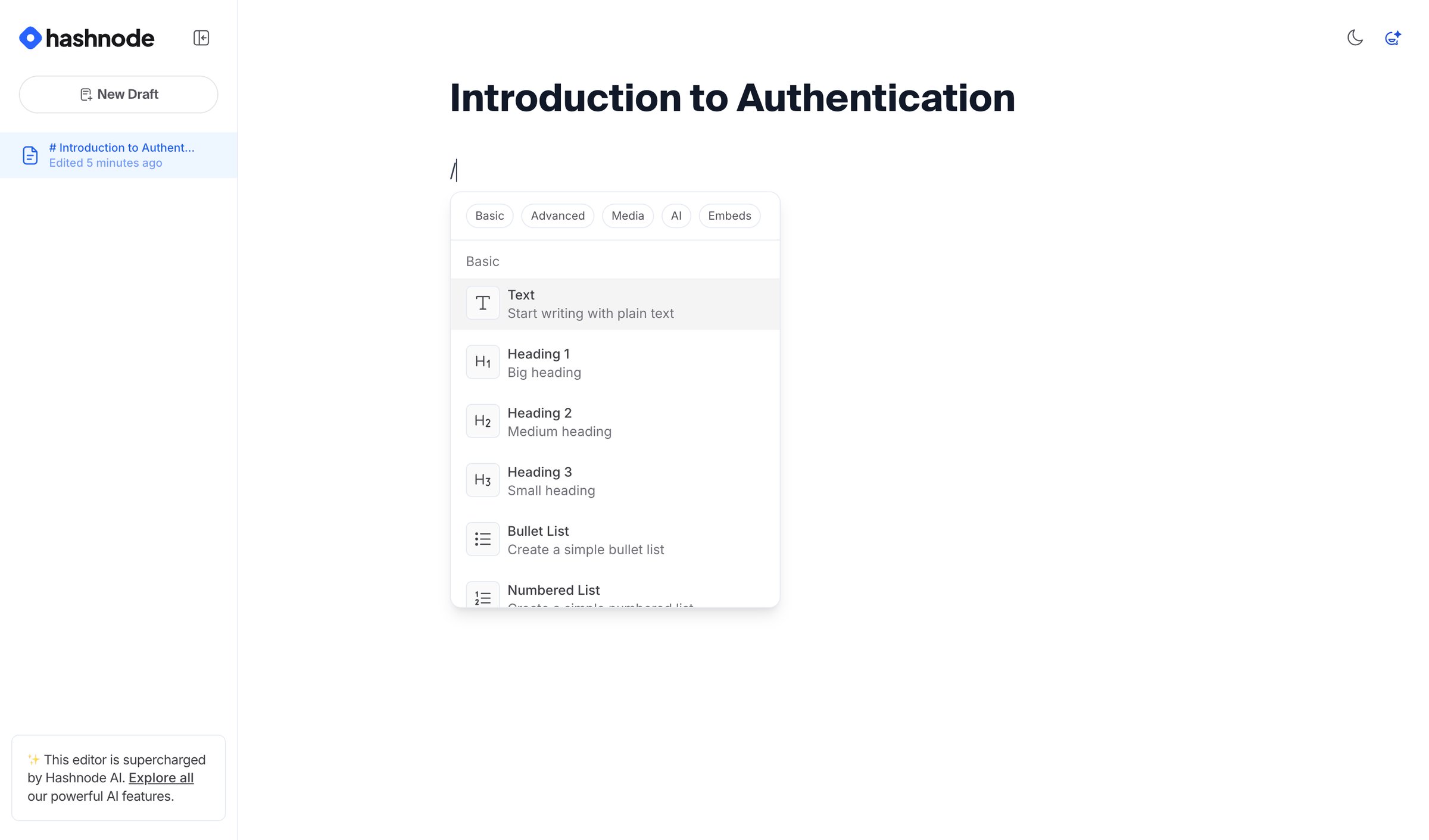 Hashnode - Free AI-powered Markdown WYSIWYG editor — Hashnode screen