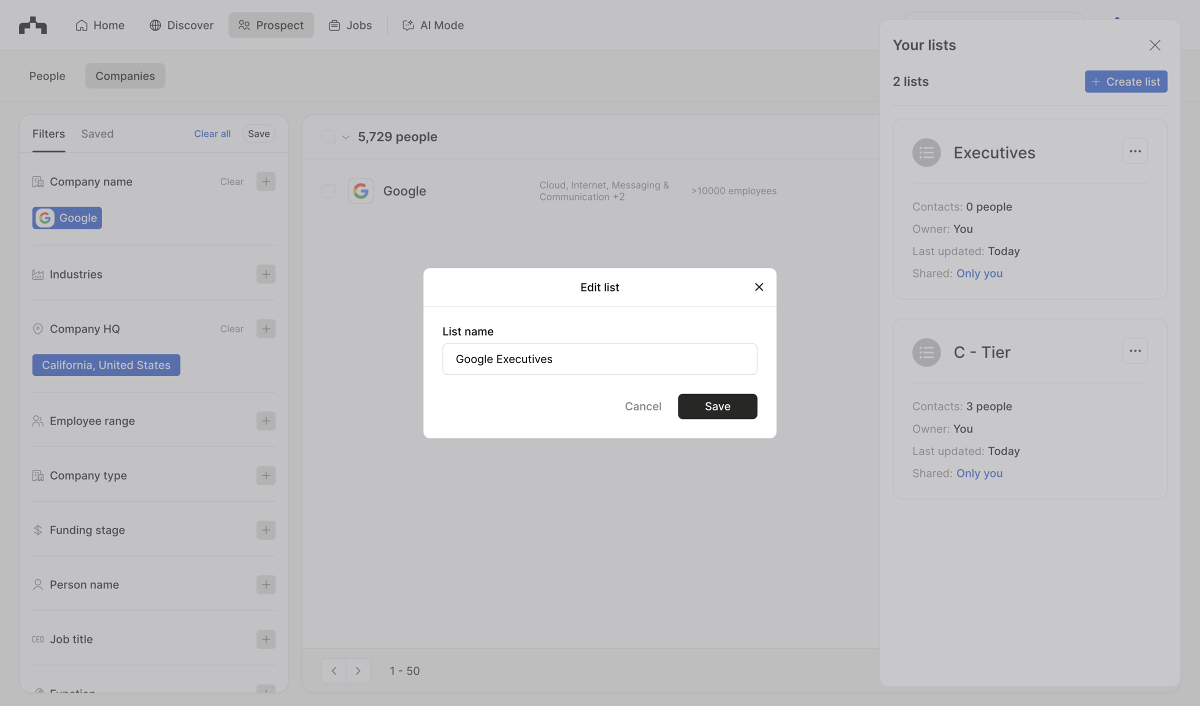 The org - Prospect - Companies | The Org screen