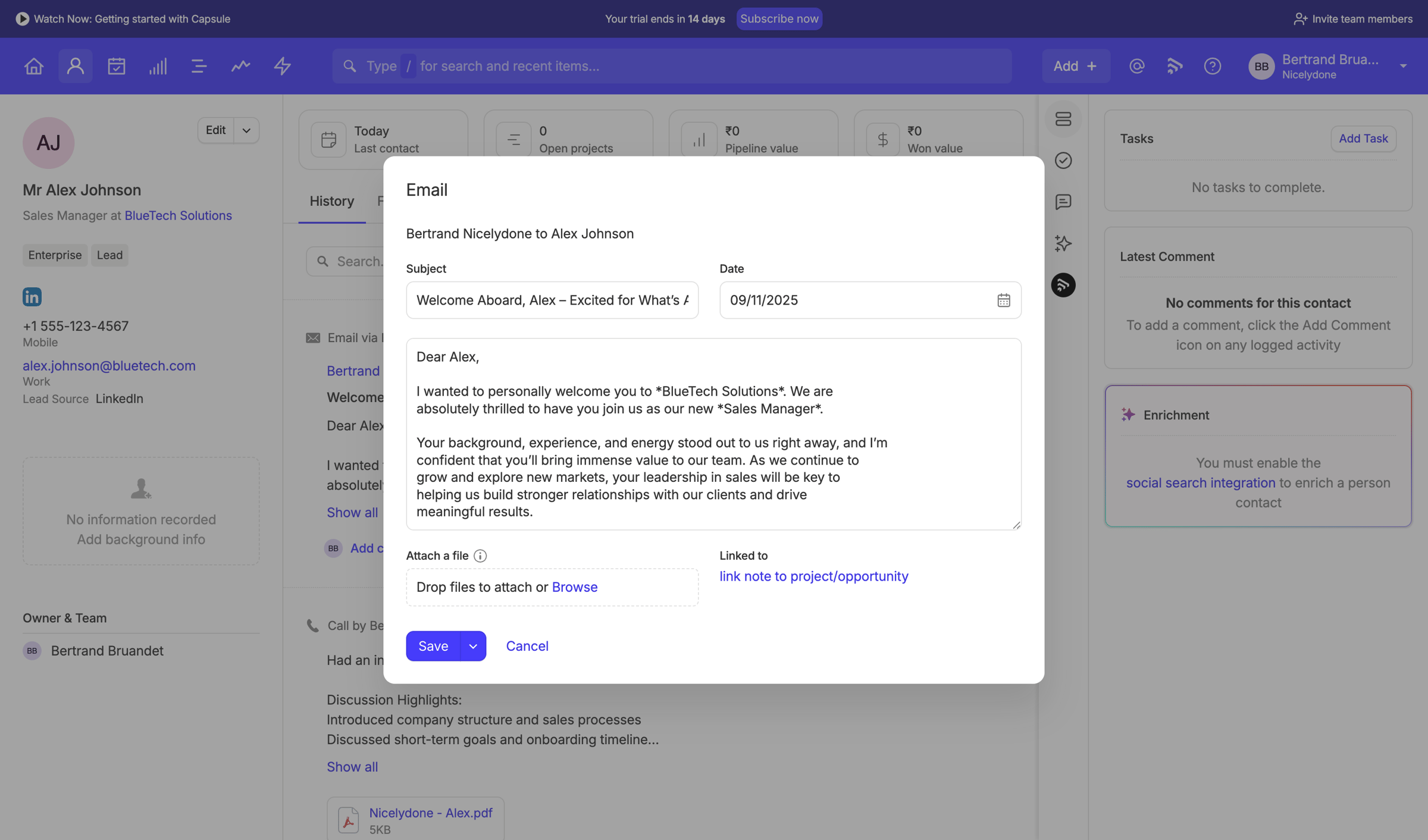 Capsule - Alex Johnson | Nicelydone CRM screen
