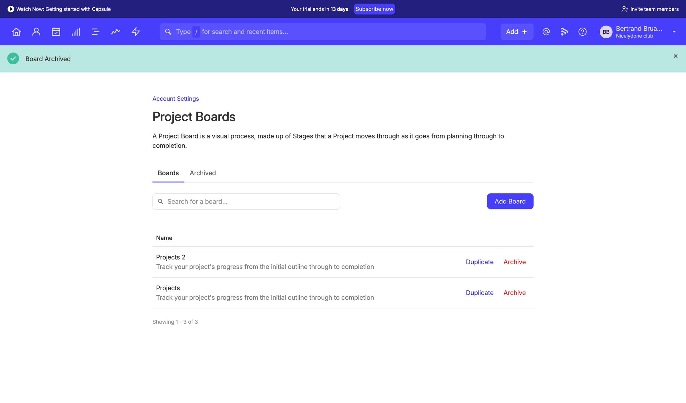 Capsule - Project Boards | Nicelydone club CRM screen