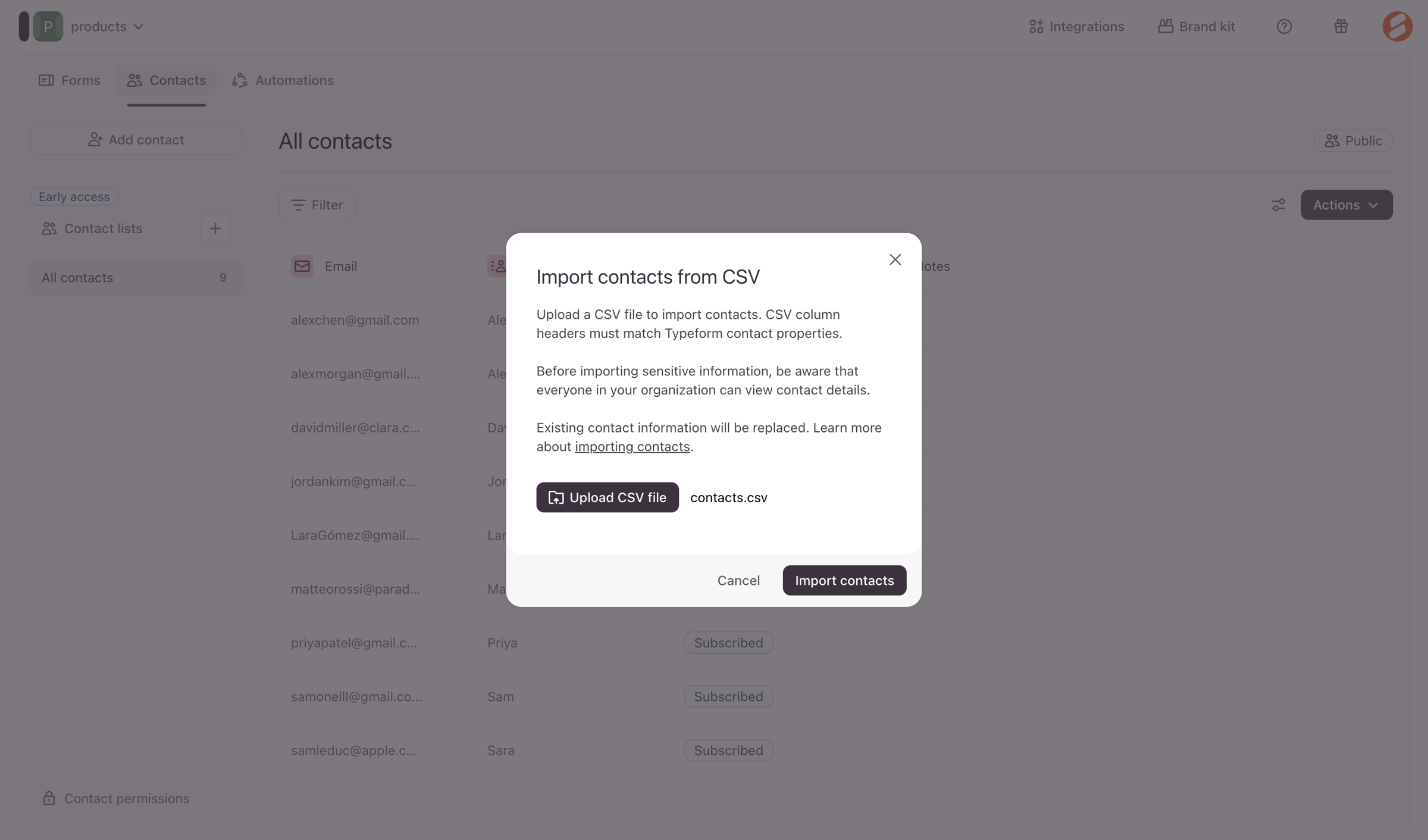 Typeform - Typeform - Contacts screen