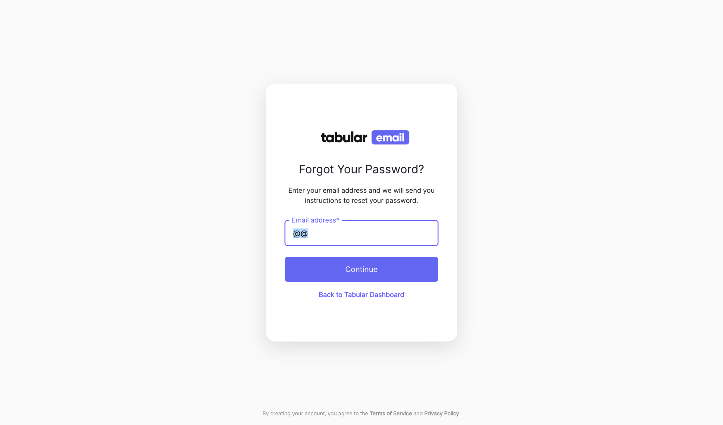 Tabular - Reset your password | Tabular Dashboard screen