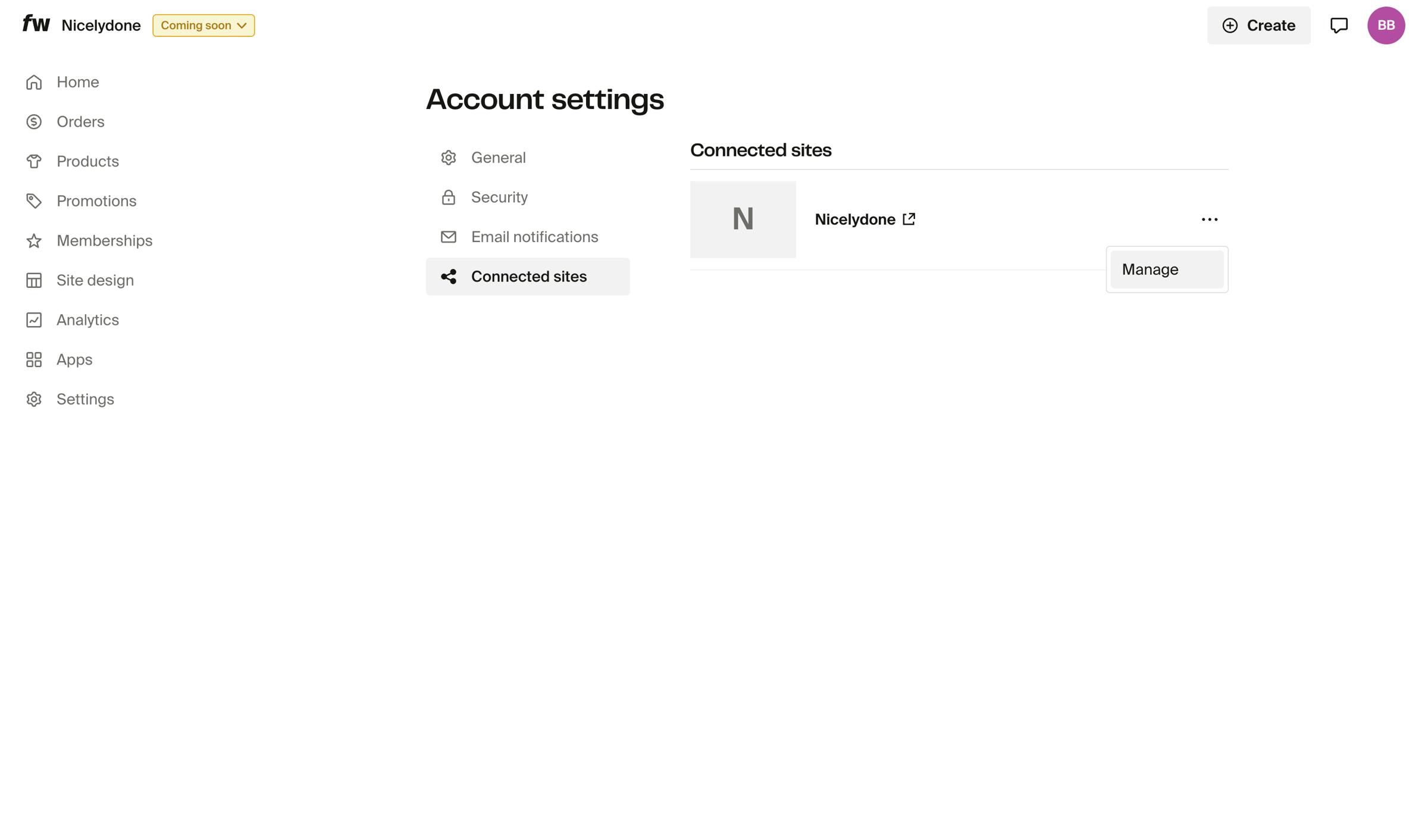 Fourthwall - Connected sites – Account settings – Dashboard screen