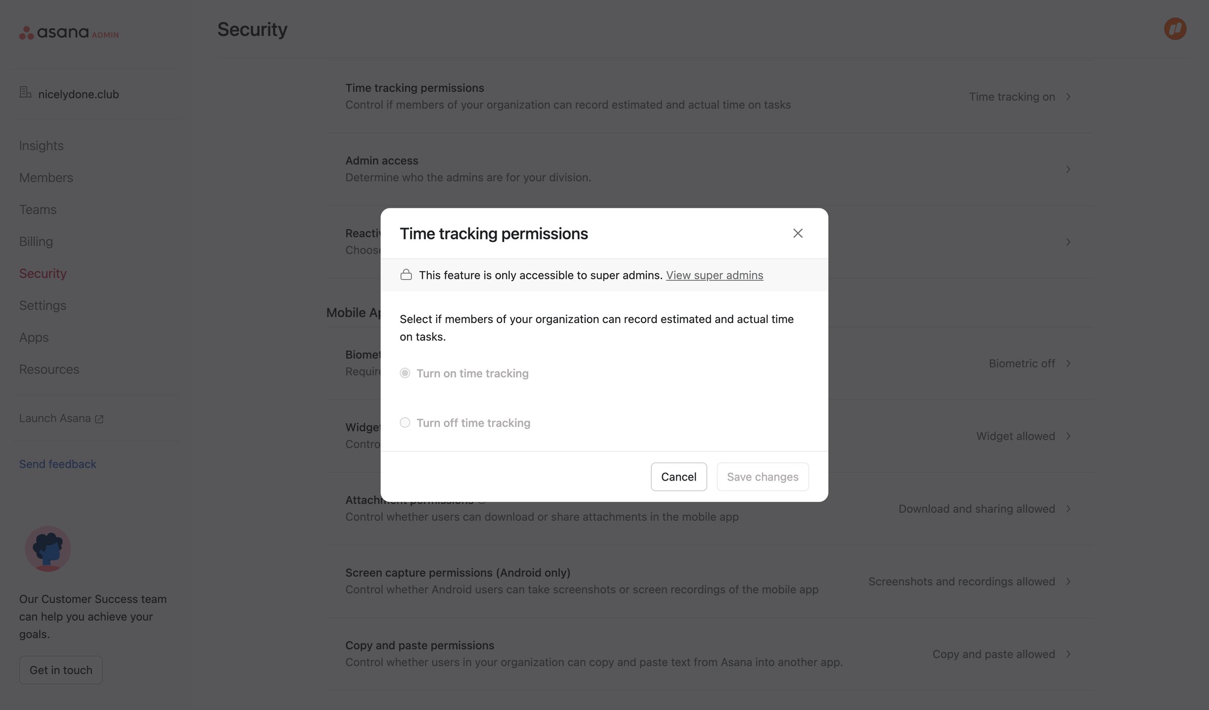 Asana - Admin console screen