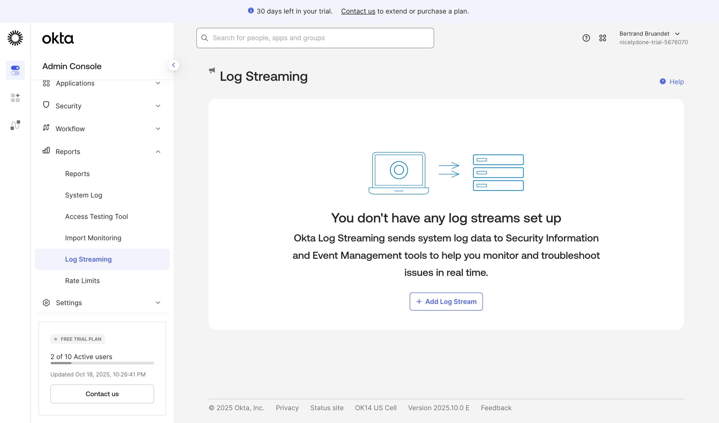 Okta - nicelydone-trial-5676070 - Log Streaming screen