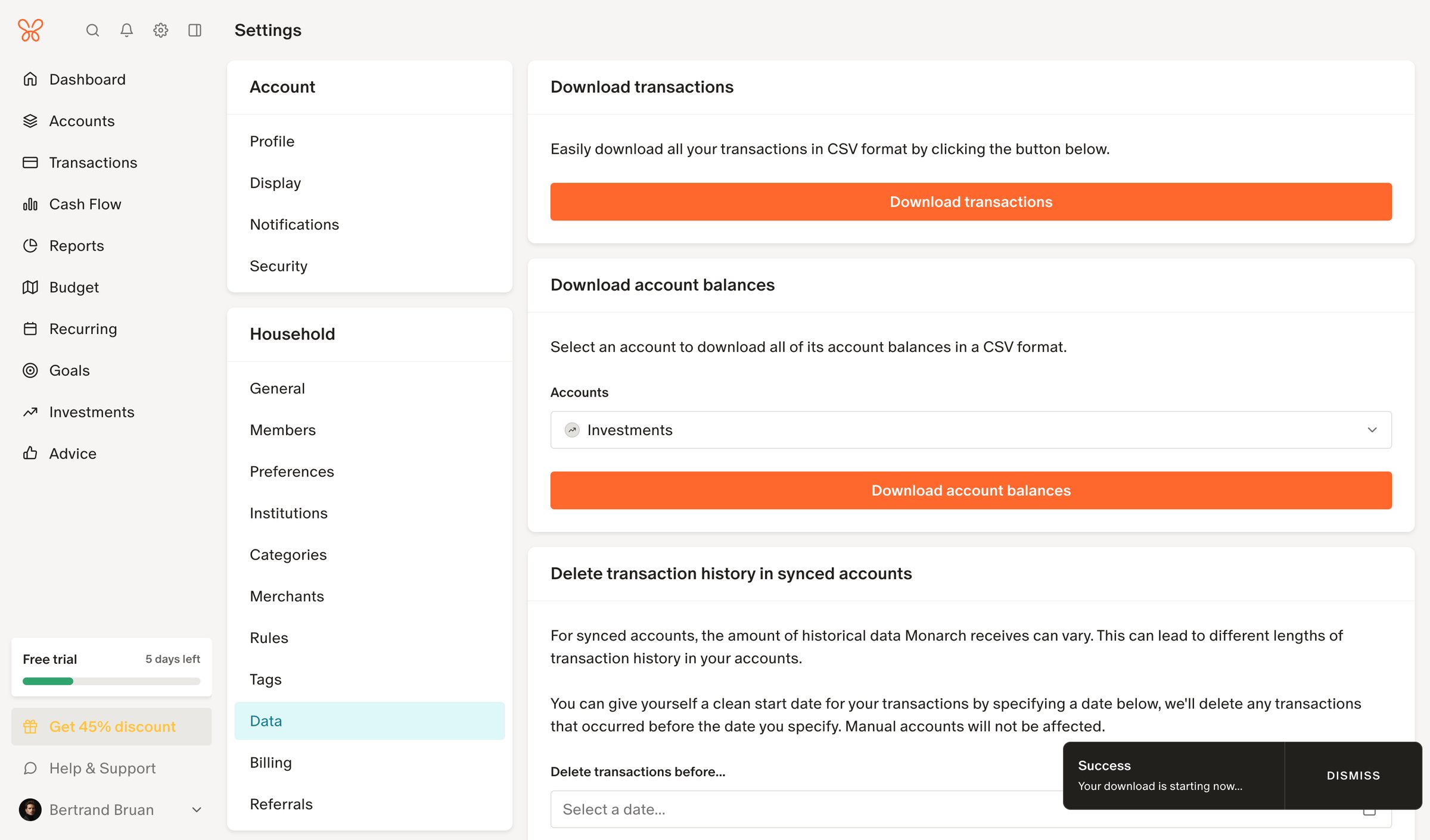Monarch - Delete transaction history in synced accounts screen