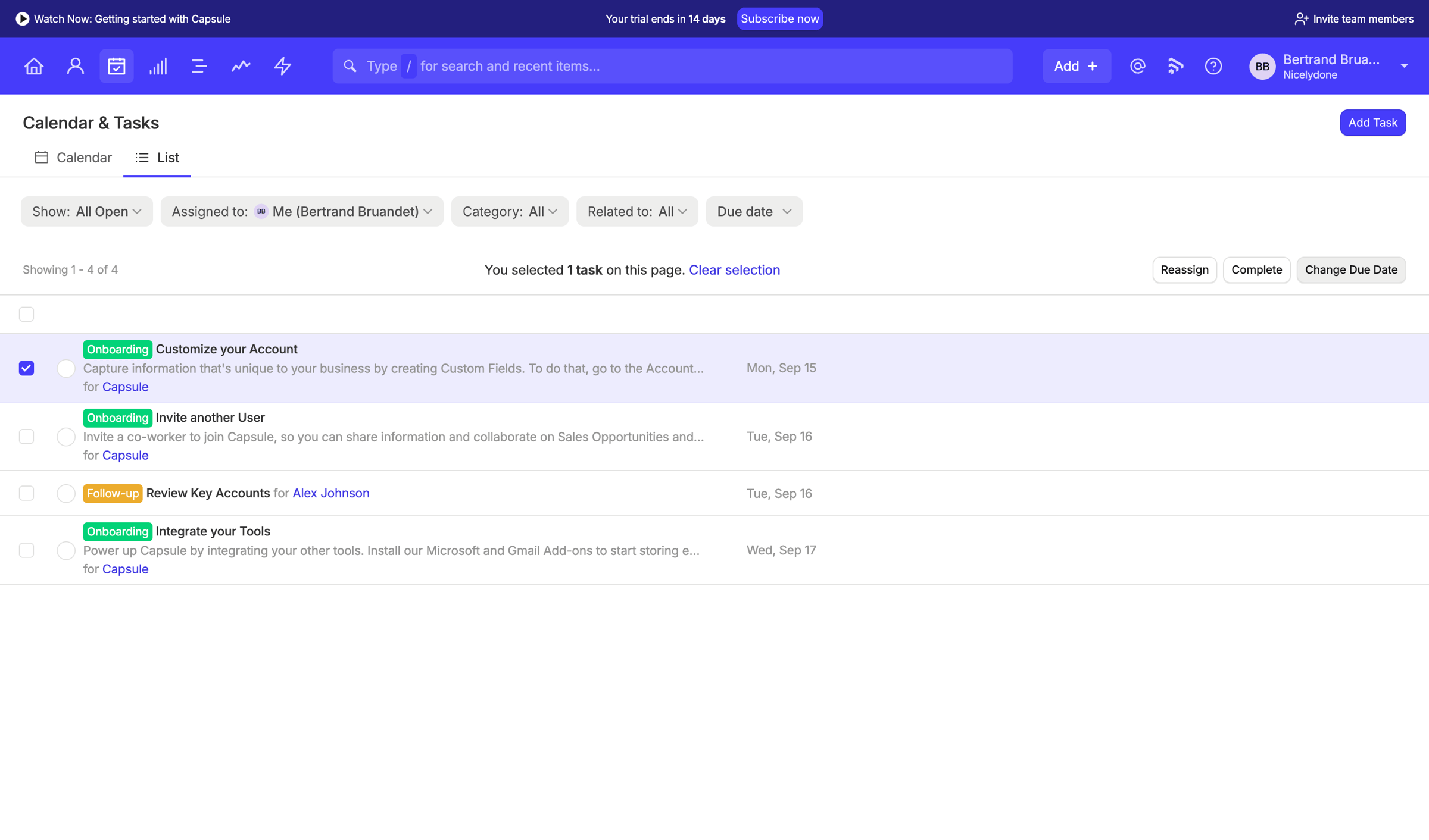 Capsule - Tasks | Nicelydone CRM screen