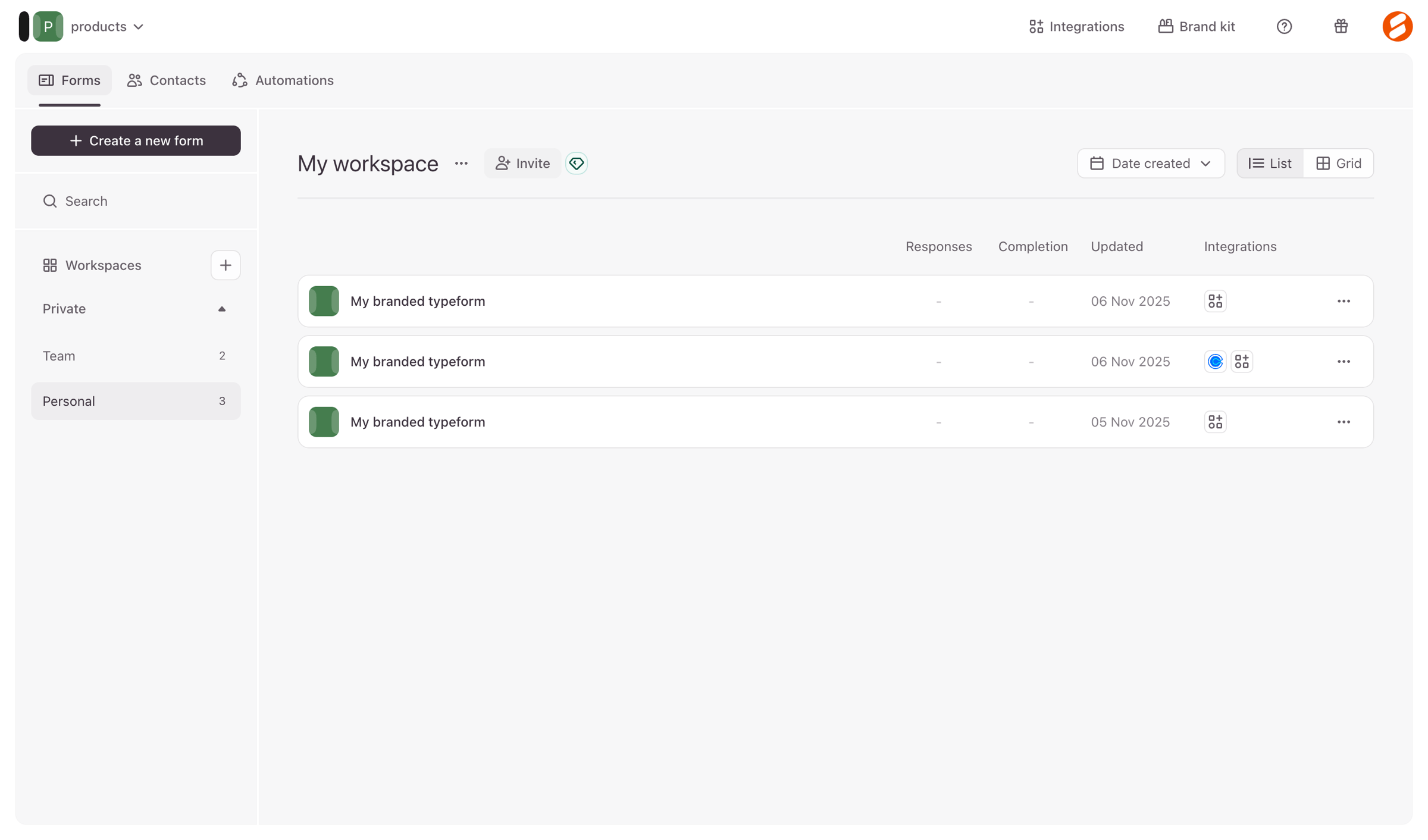 Typeform - Typeform - Workspaces screen