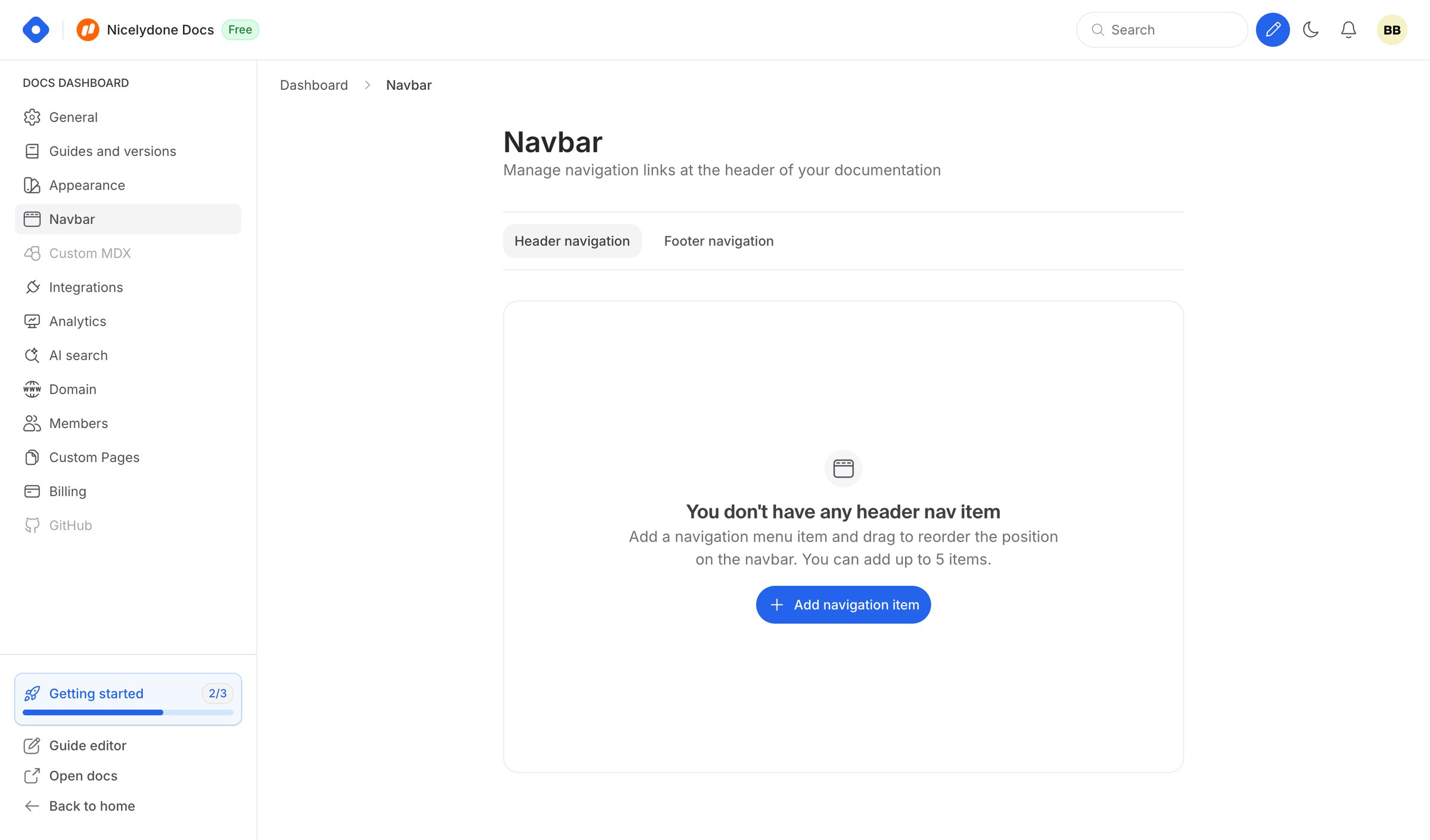 Hashnode - Docs Dashboard - Navbar screen