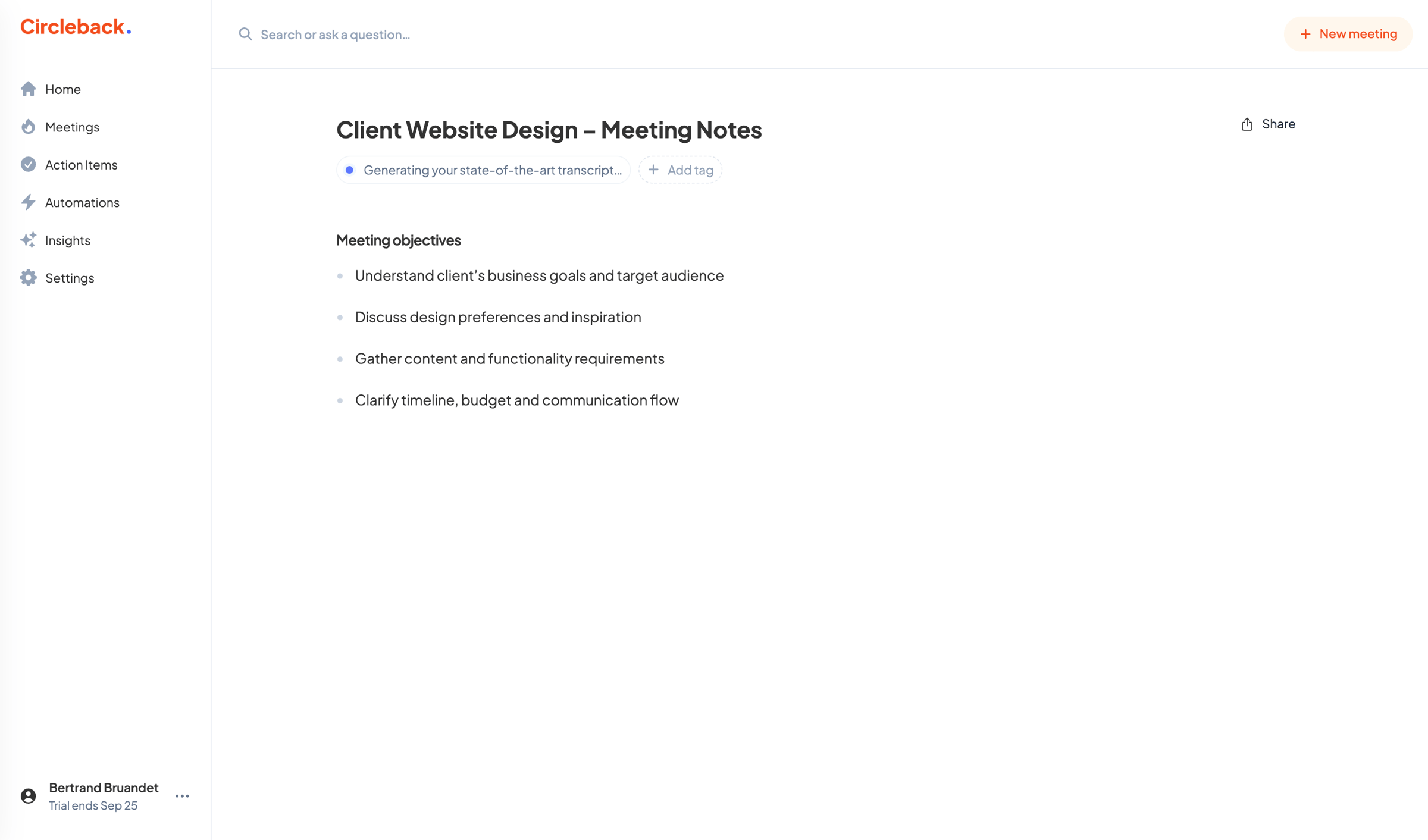 Circleback - Client Website Design – Meeting Notes - Circleback screen