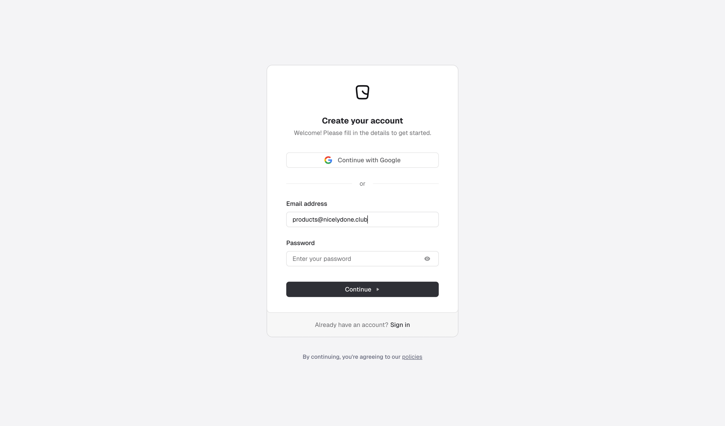 Reflag - Sign-up screen