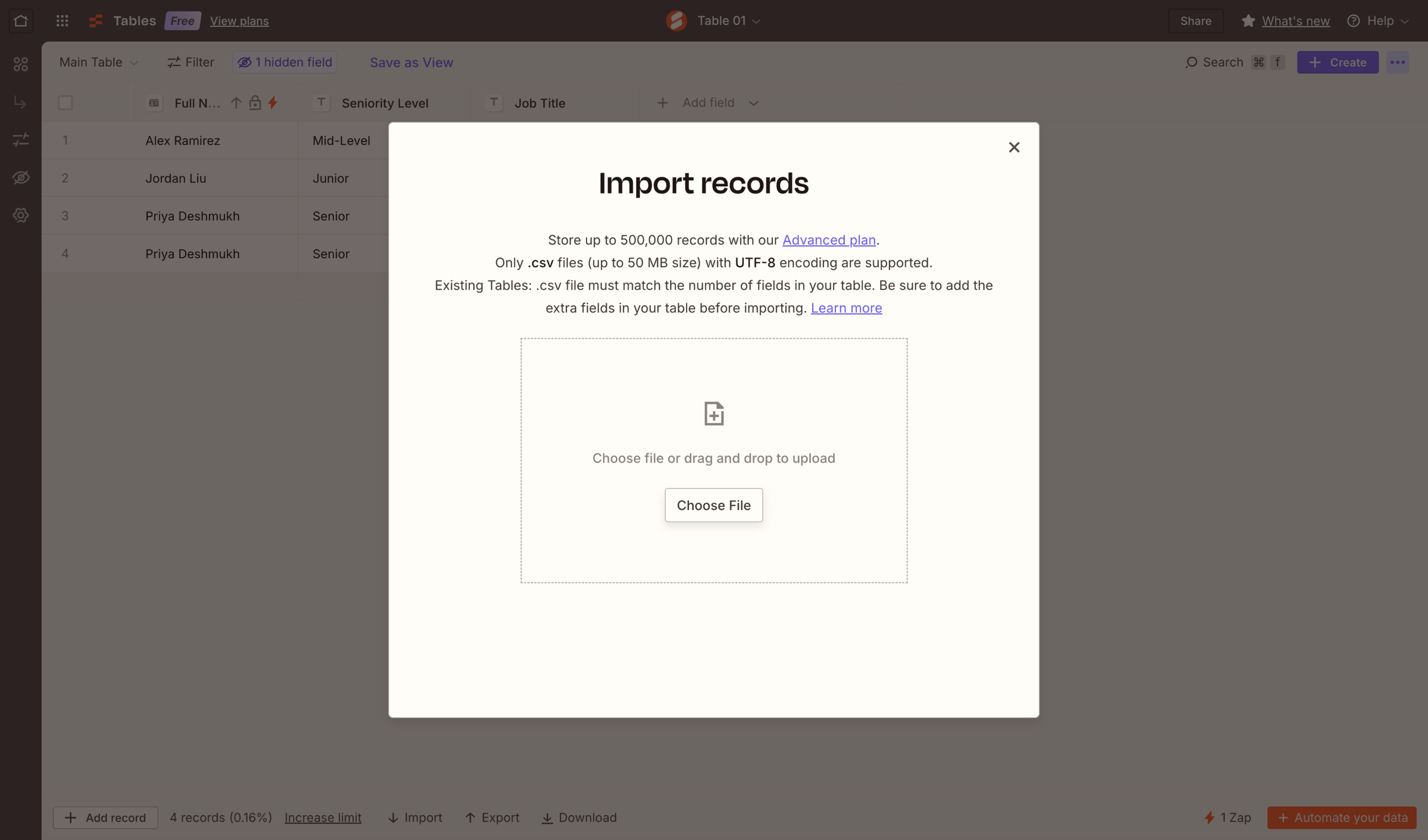 Zapier - Table 01 | Zapier screen