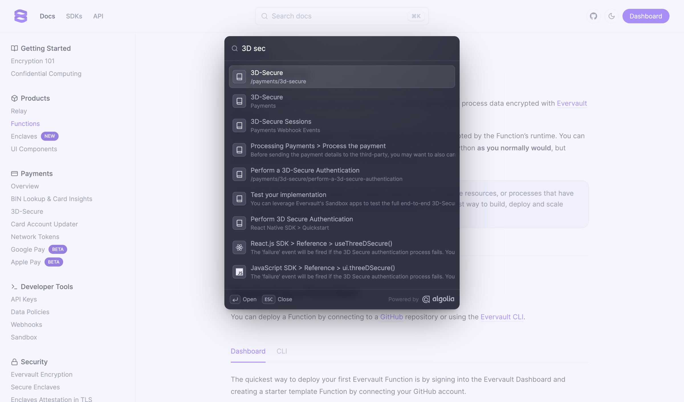 Evervault - Functions - Docs screen