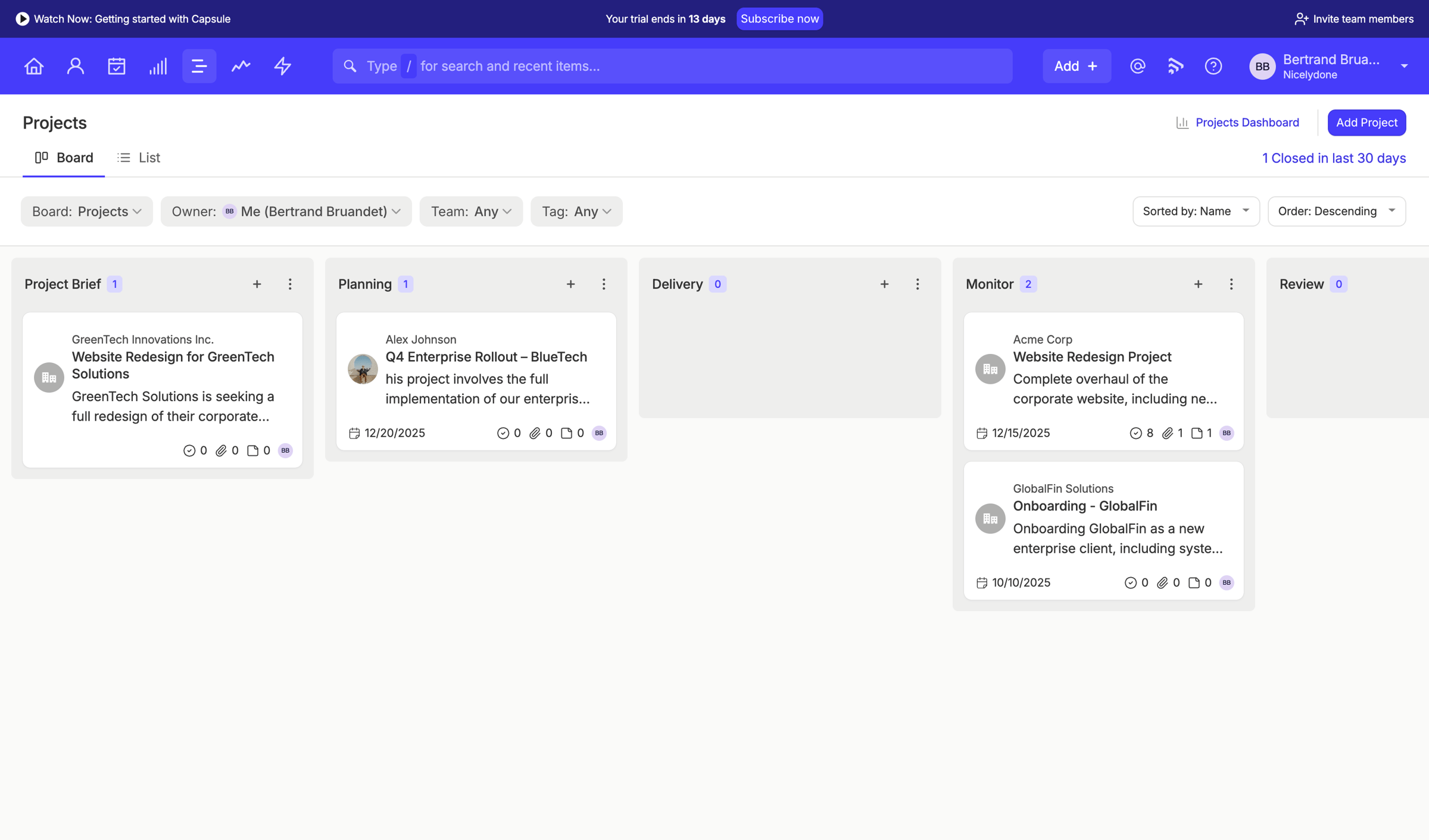 Capsule - Projects Board | Nicelydone CRM screen