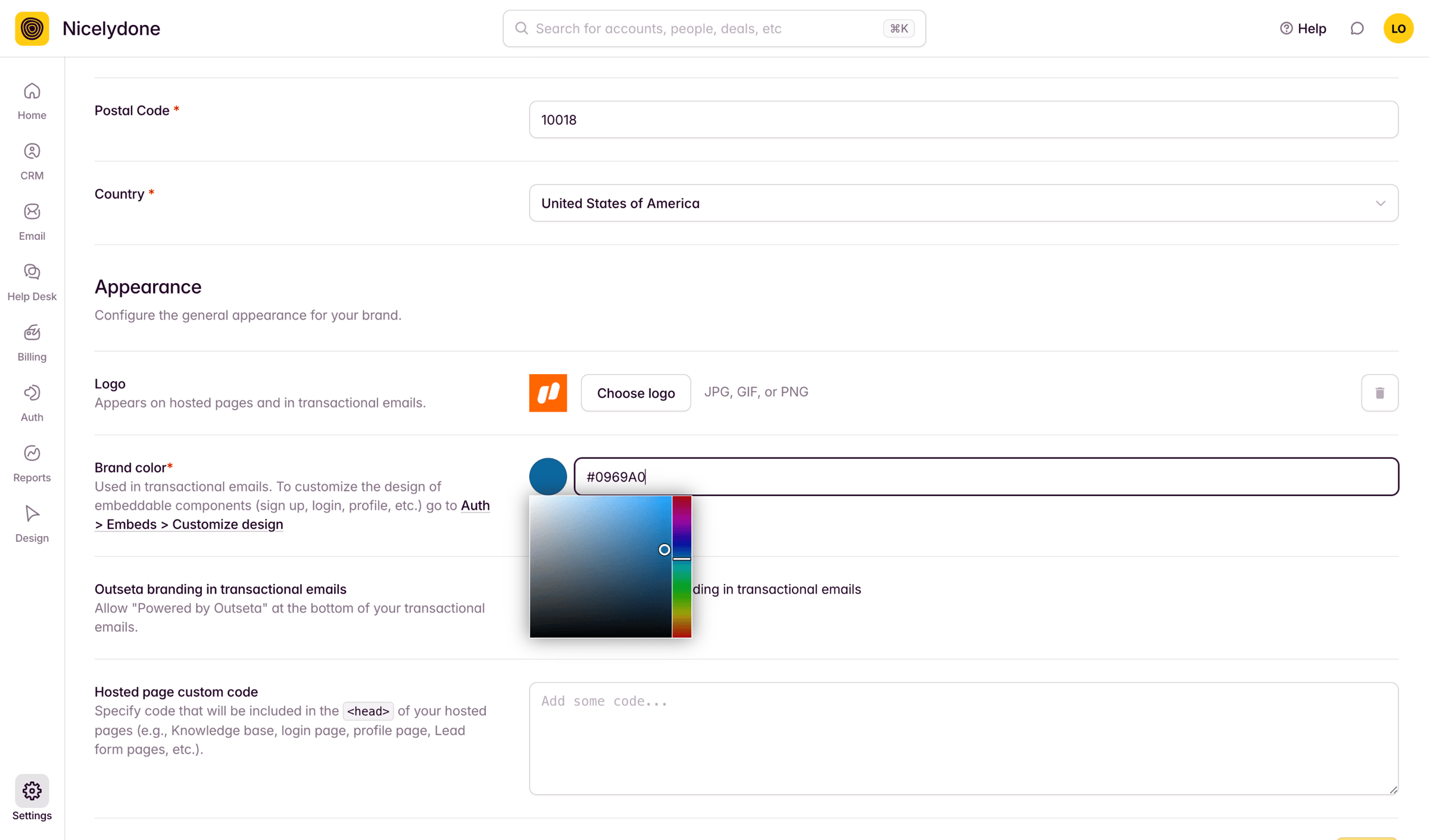 Outseta - General Settings screen