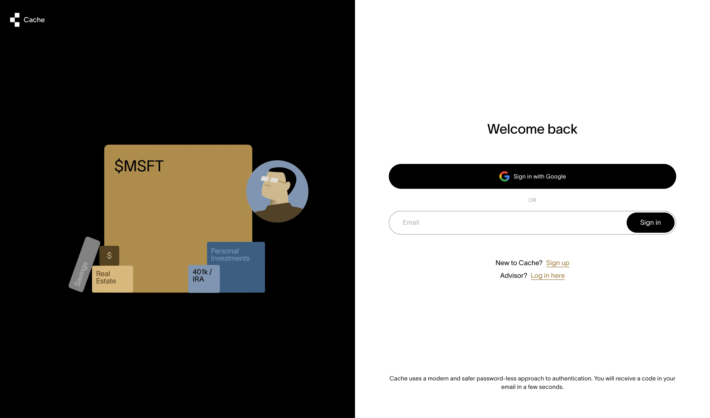 Cache - Cache – Log in screen