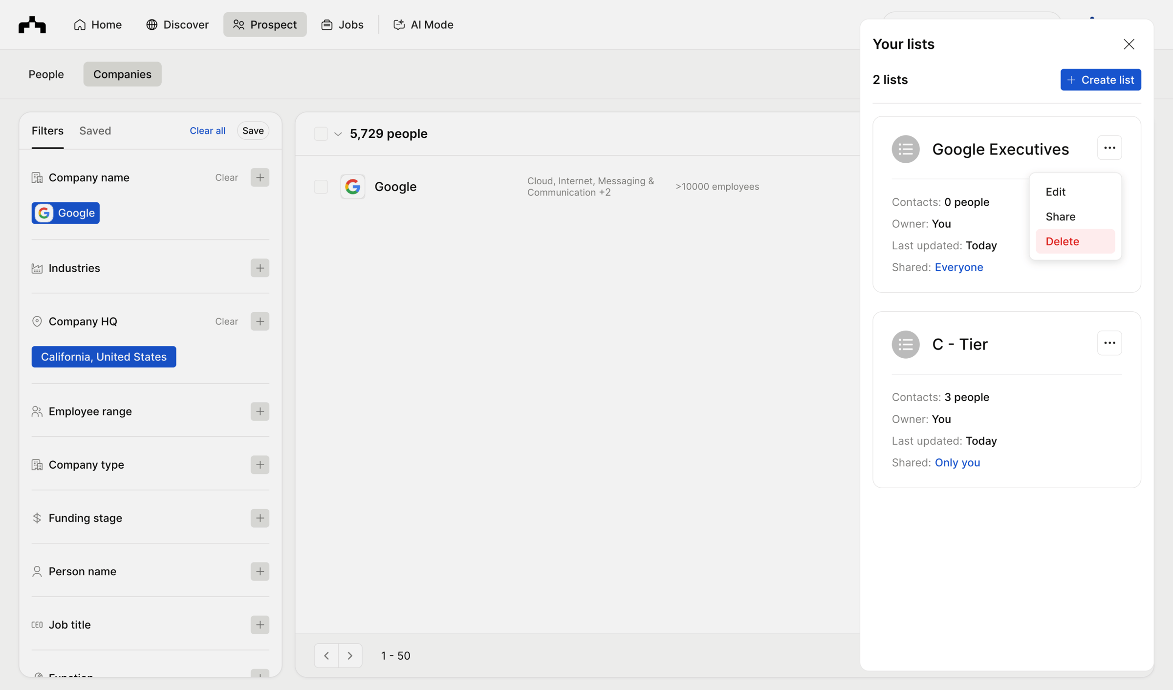 The org - Prospect - Companies | The Org screen