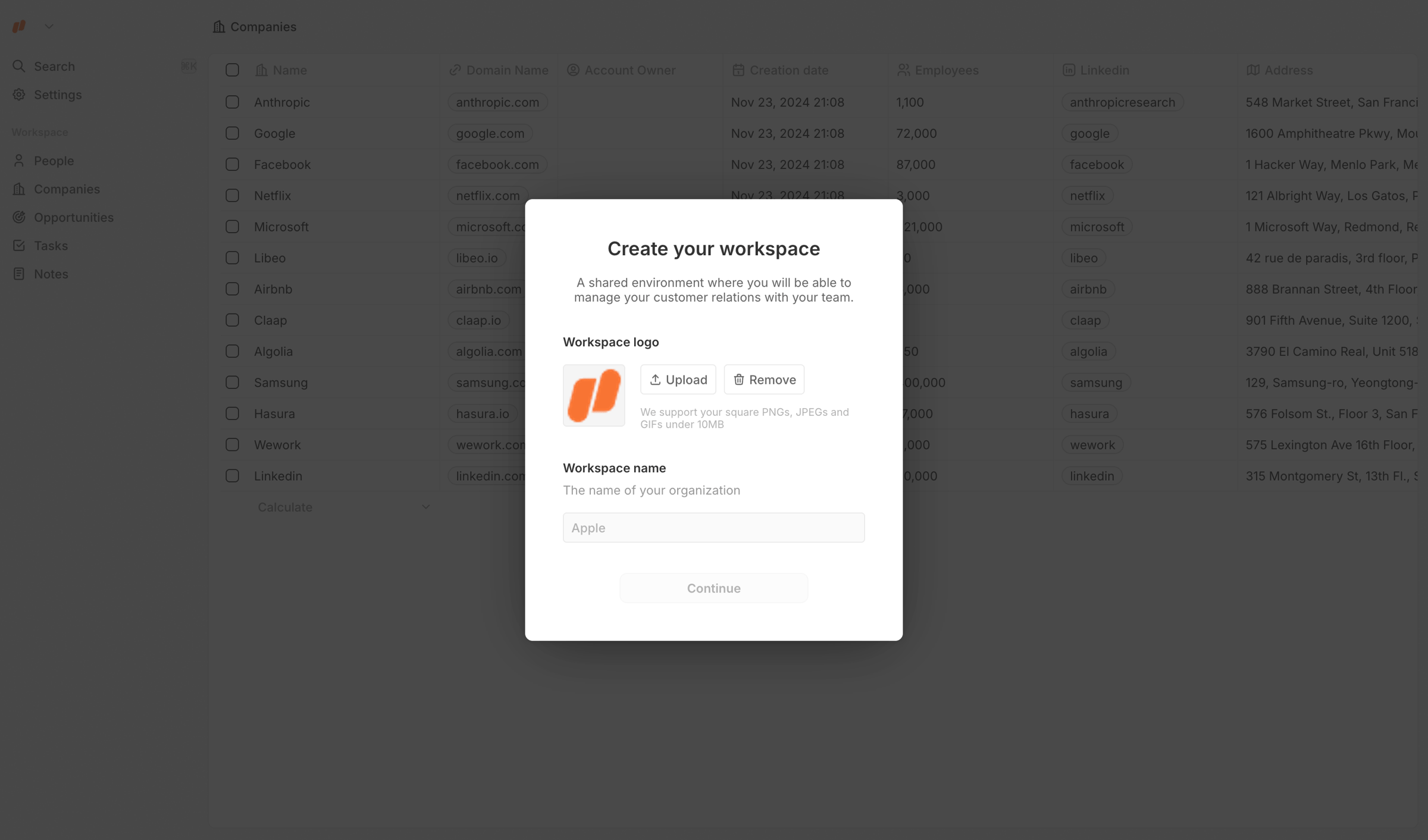 Twenty - Create Workspace screen
