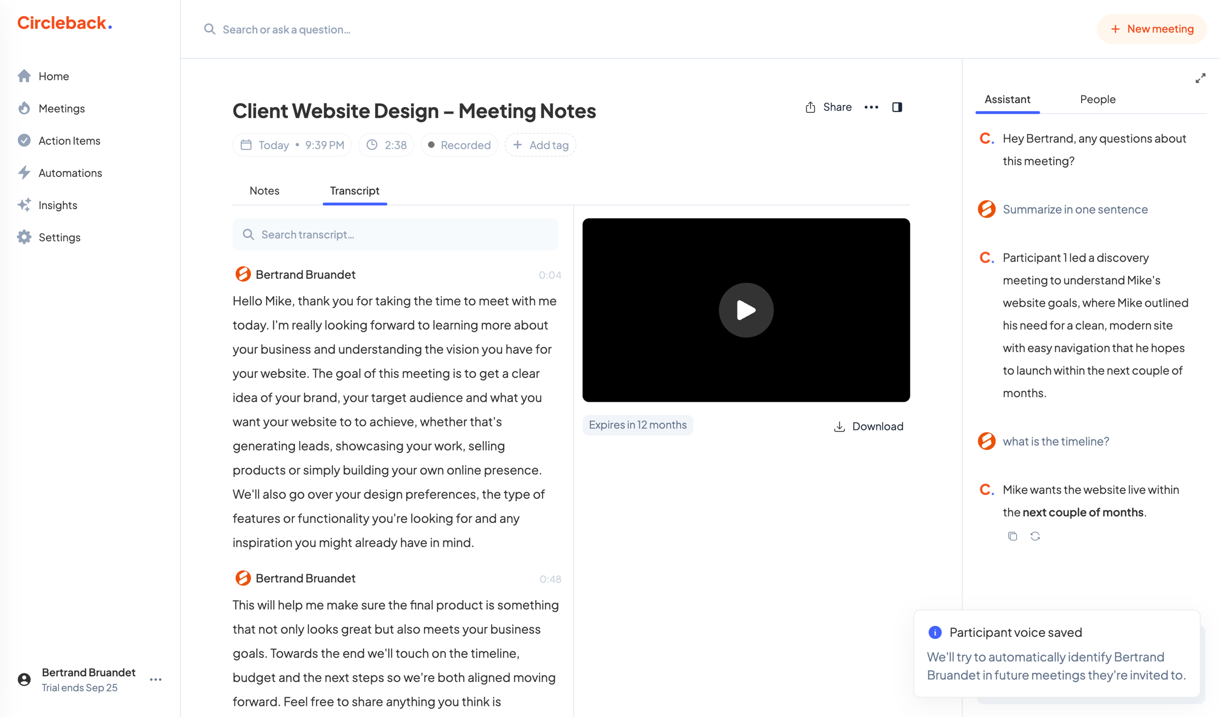Circleback - Client Website Design – Meeting Notes - Circleback screen