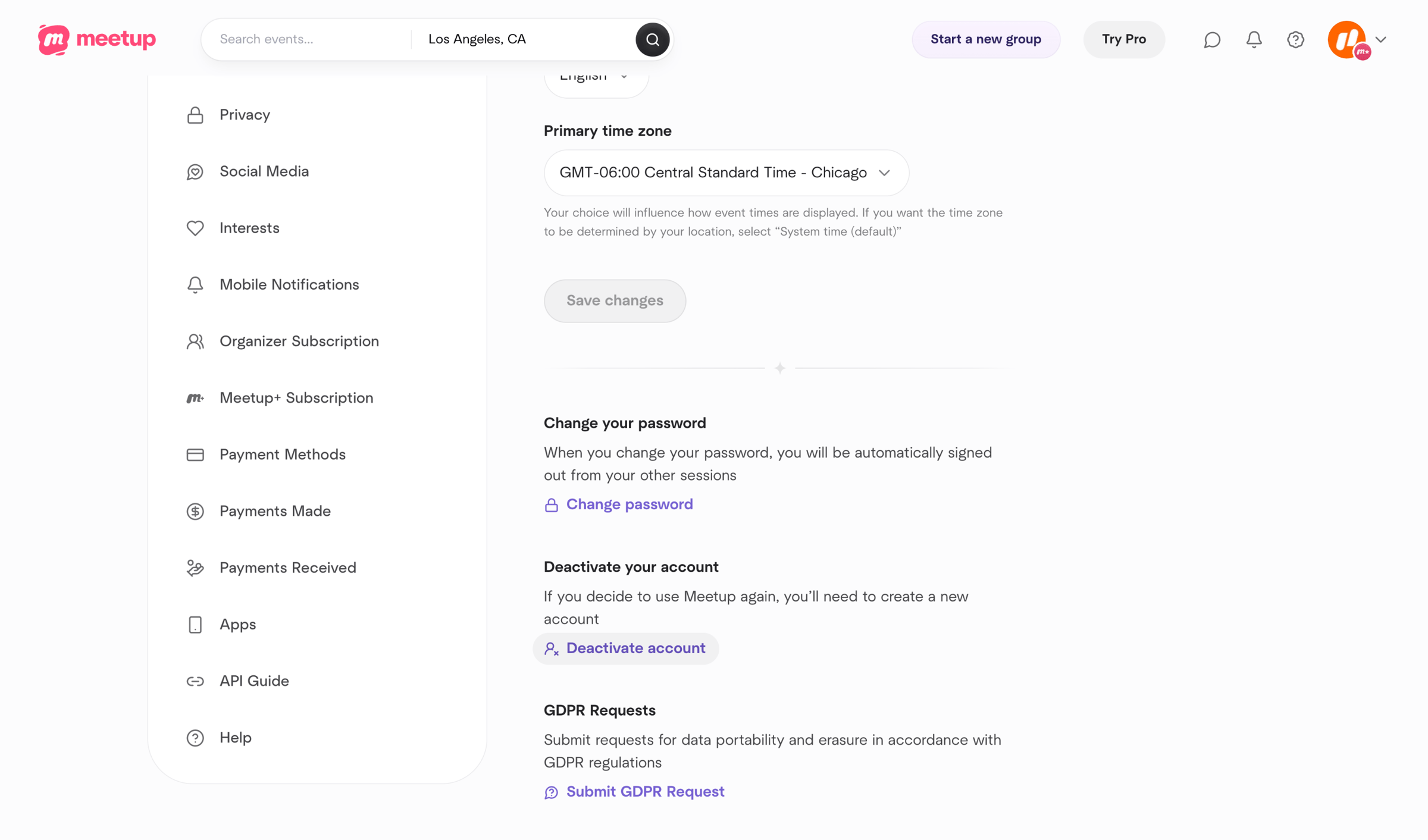 Meetup - Account management screen