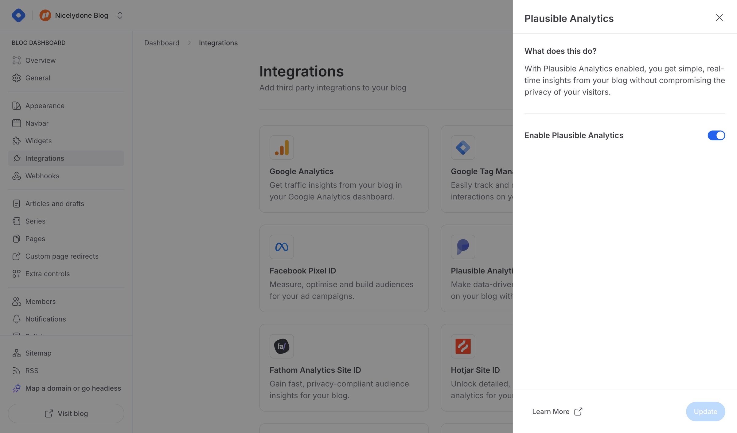 Hashnode - Dashboard - Integrations screen