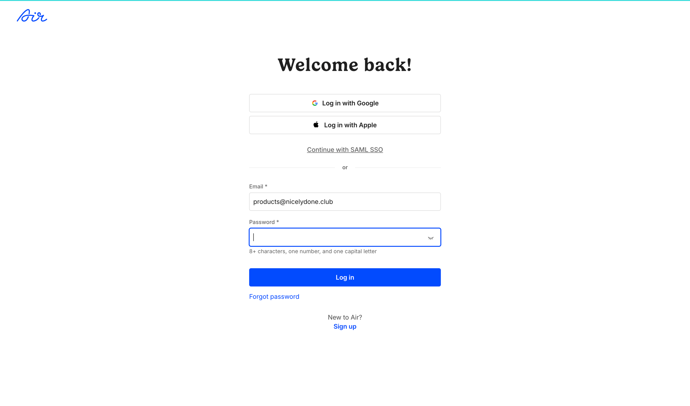 Air - Log in / Air screen