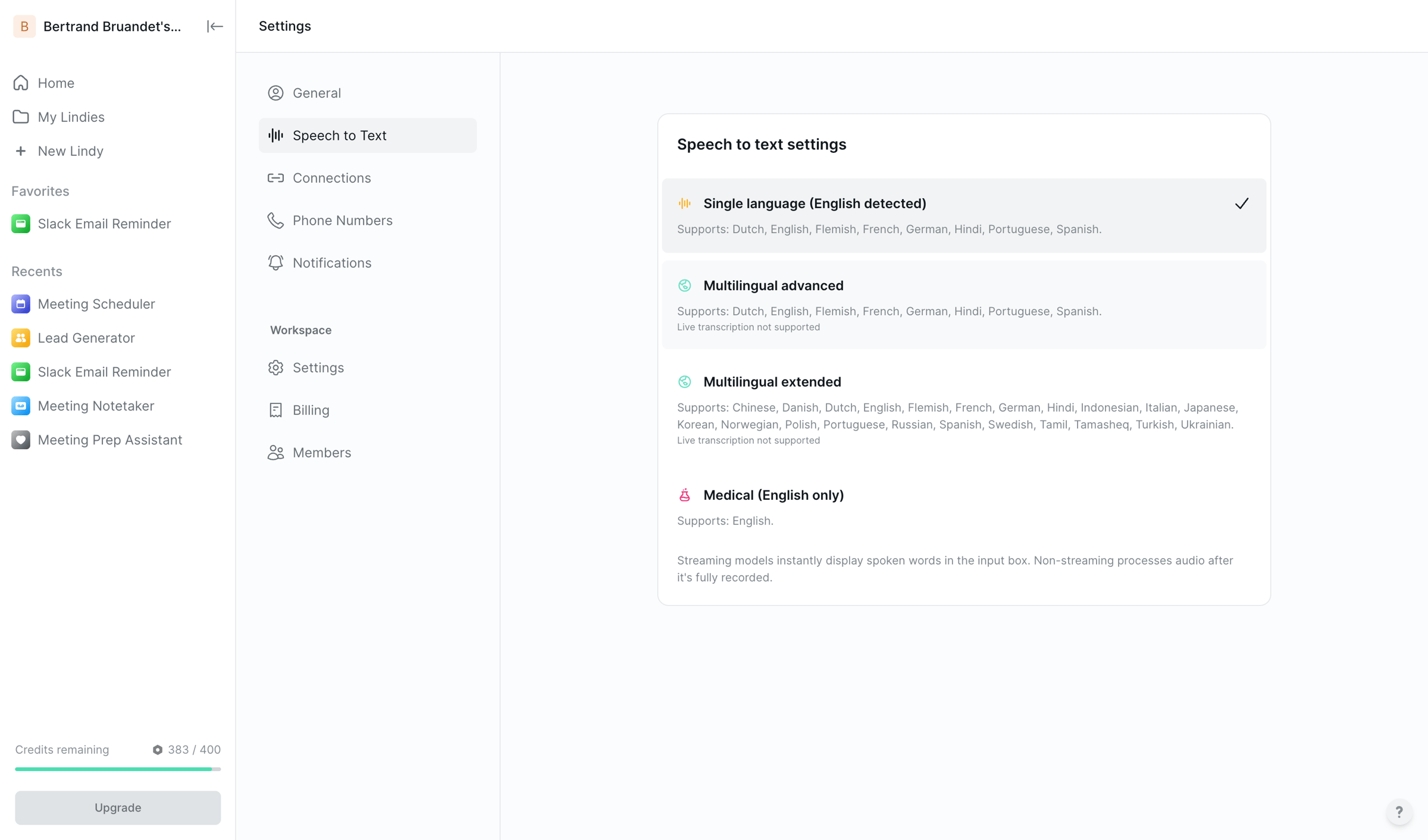 Lindy - Speech To Text Settings screen