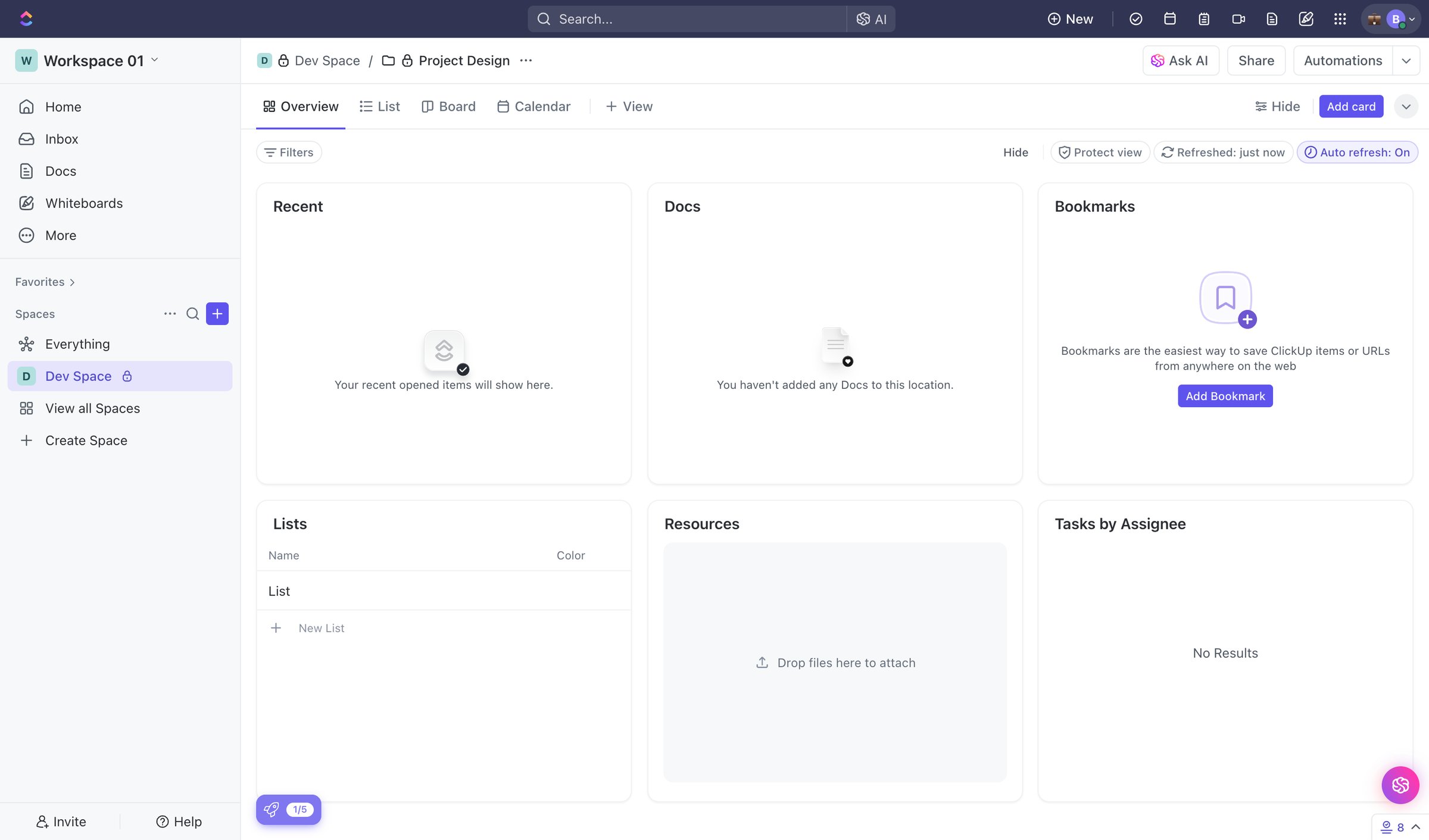 ClickUp - Project Design | Workspace 01 Overview screen