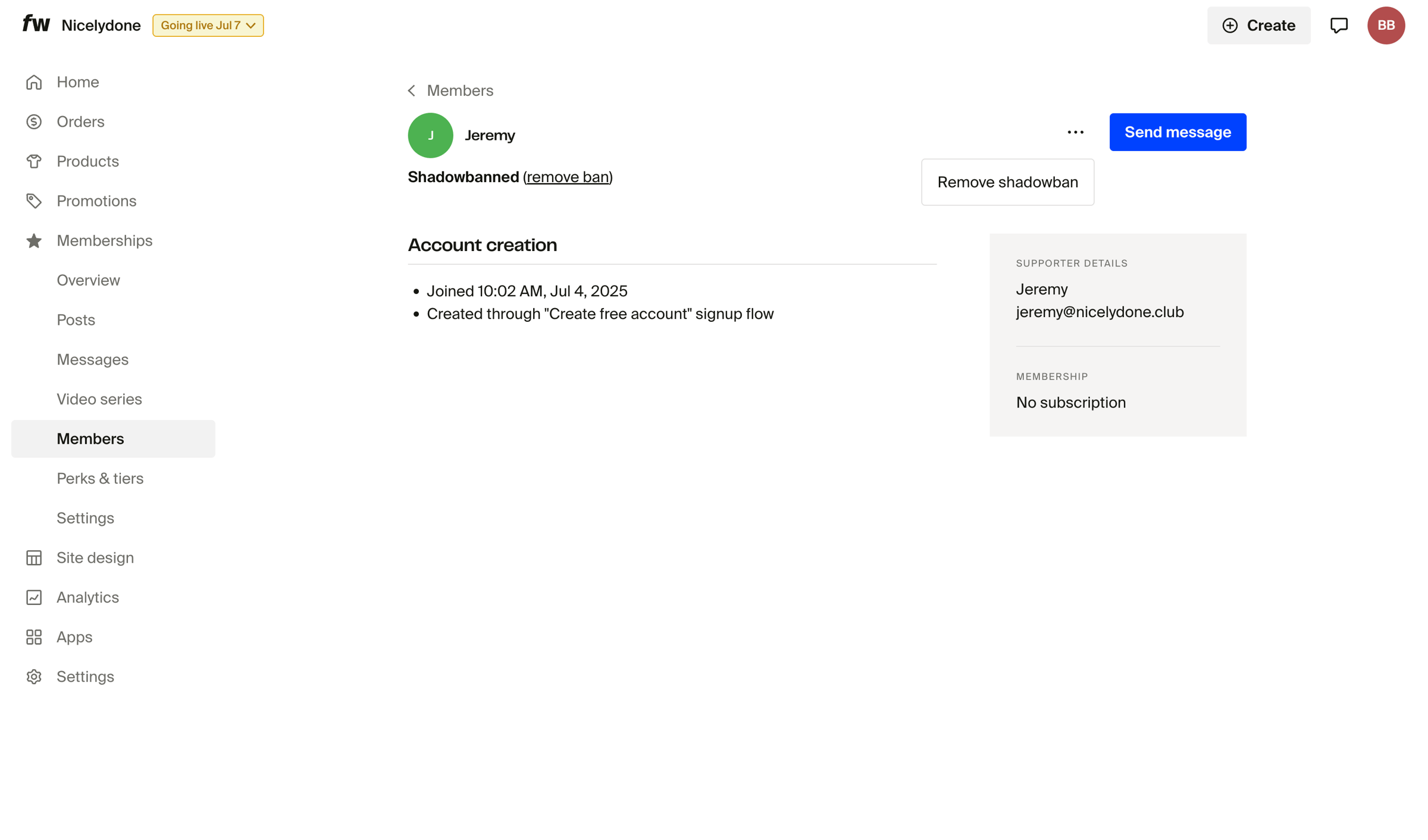 Fourthwall - Jeremy – Dashboard screen