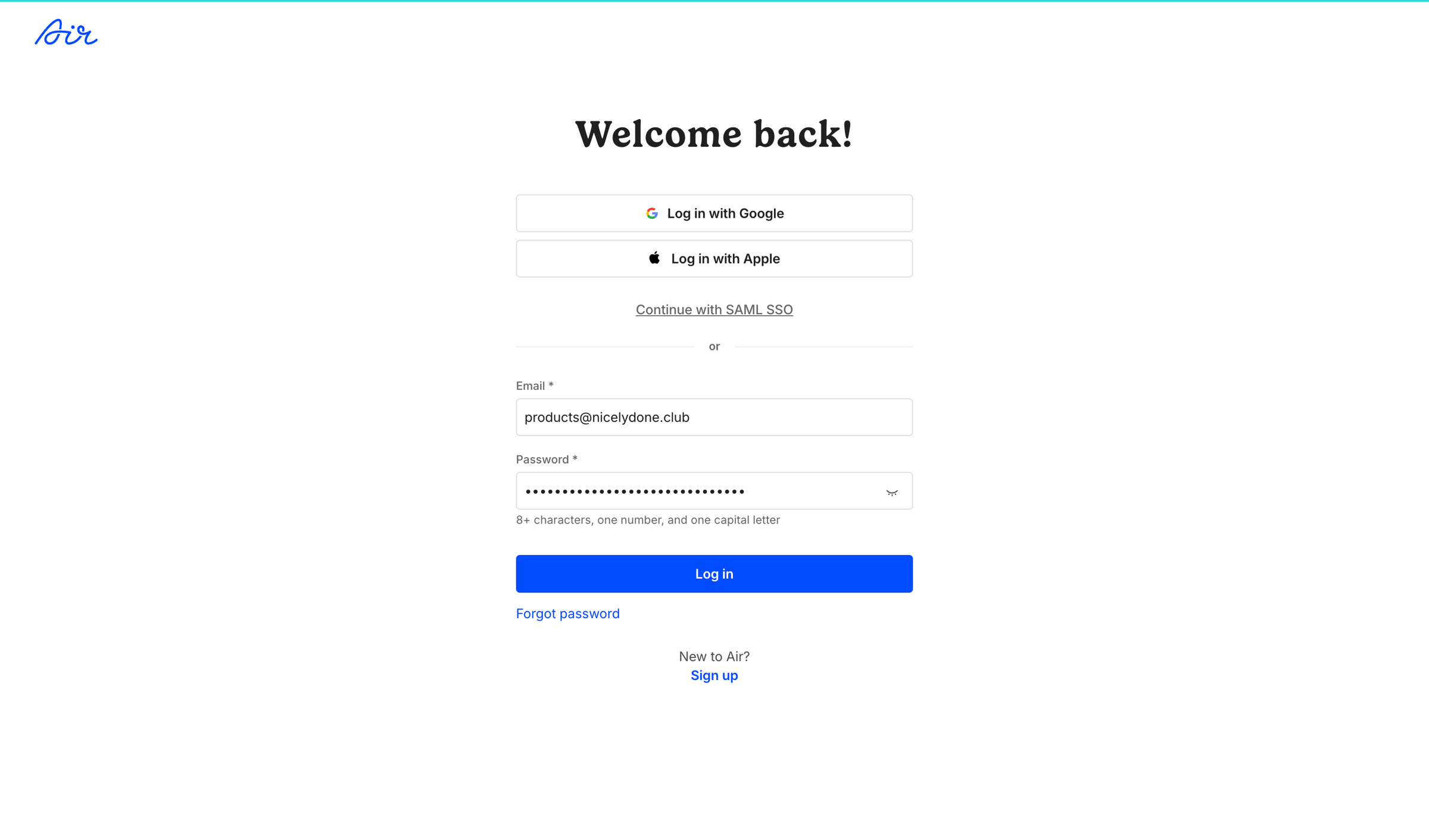 Air - Log in / Air screen