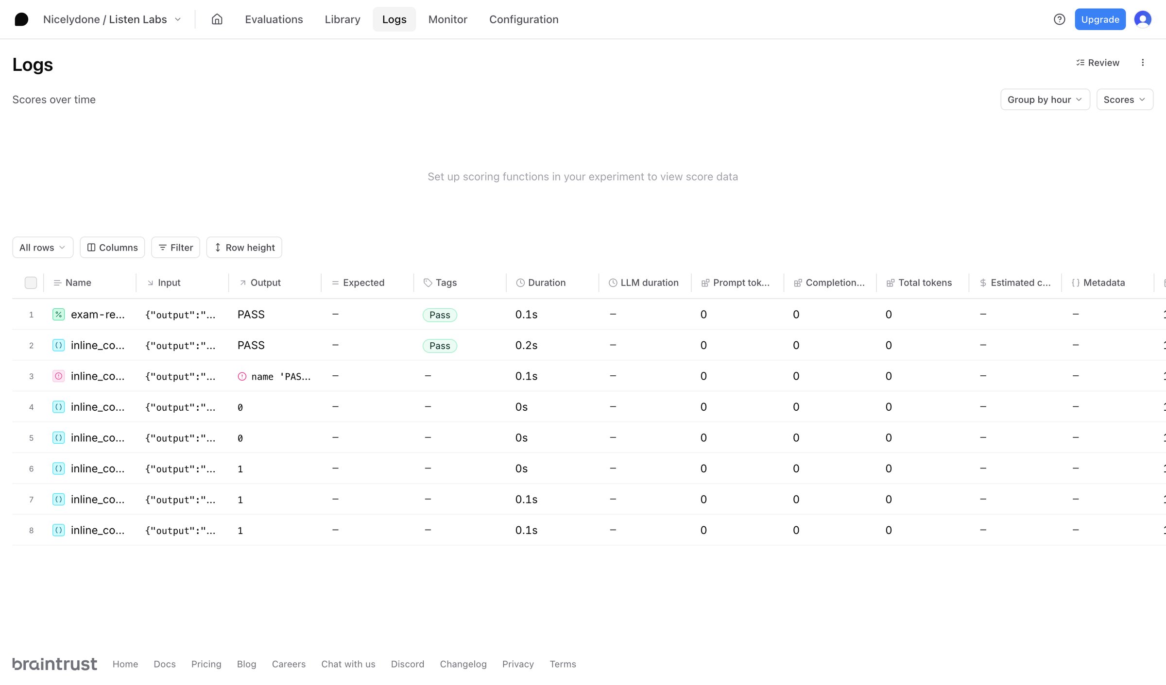 Braintrust - Logs - Listen Labs - Braintrust screen