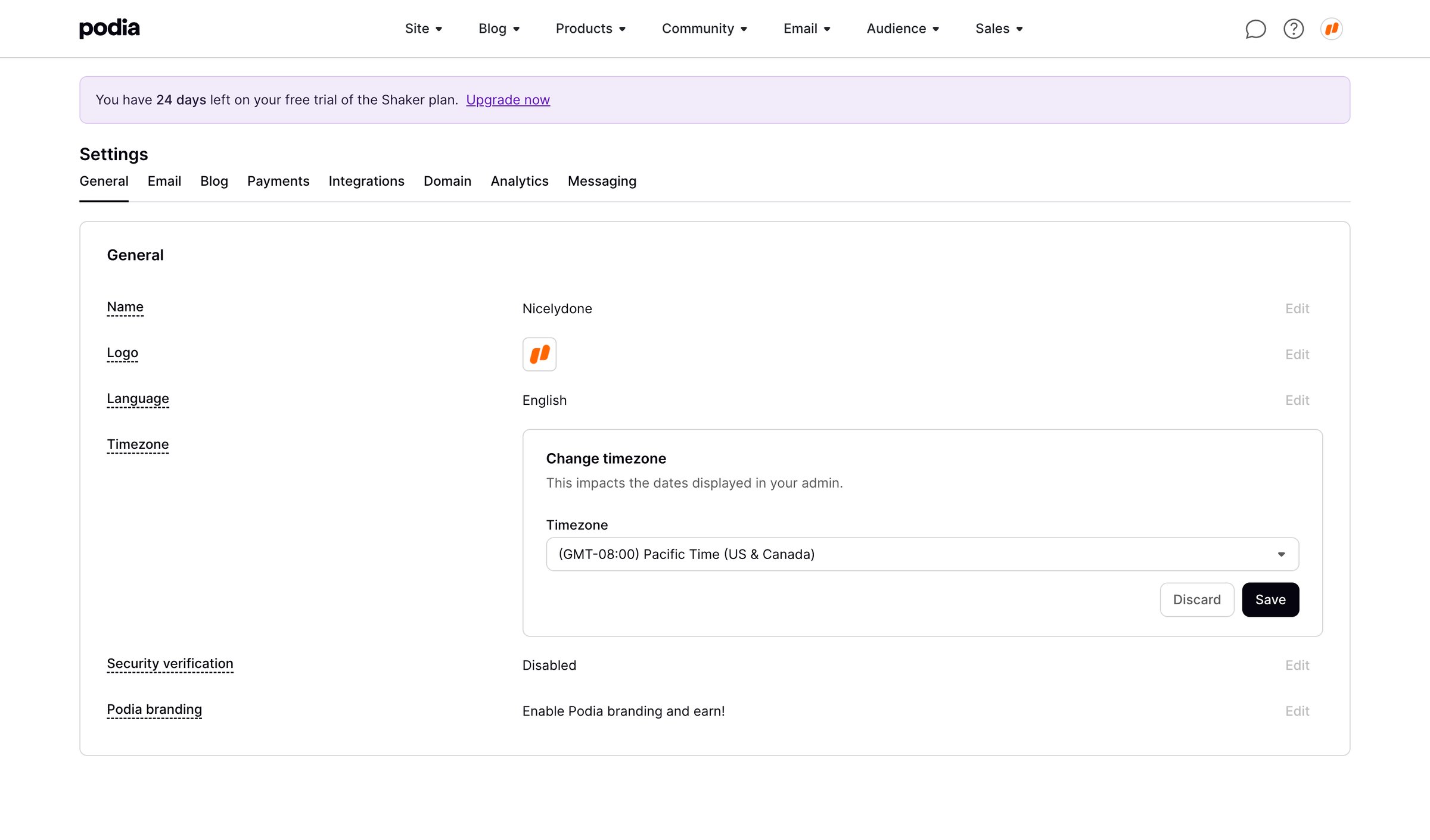 Podia - Podia General settings screen