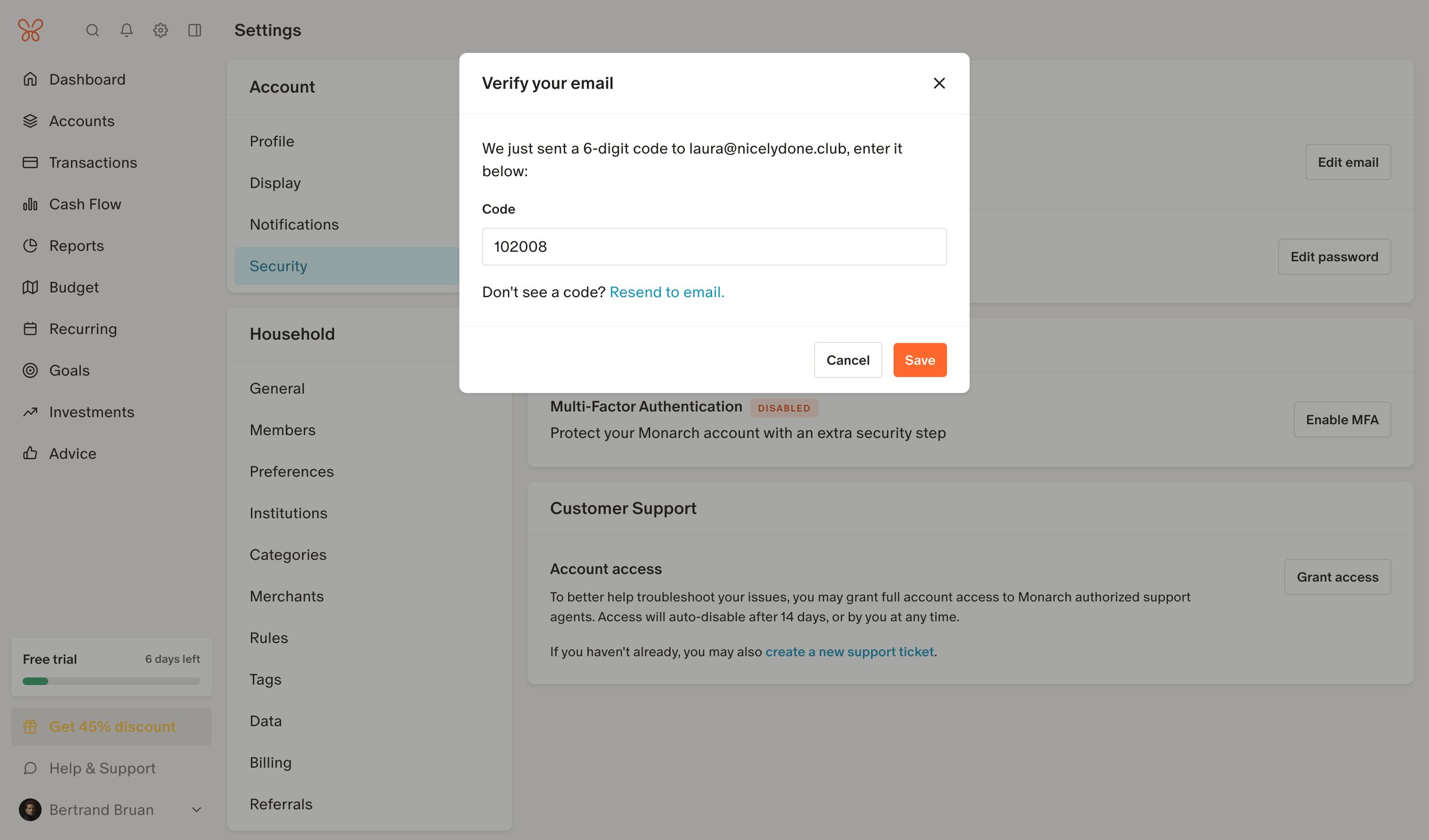 Monarch - Security Settings screen