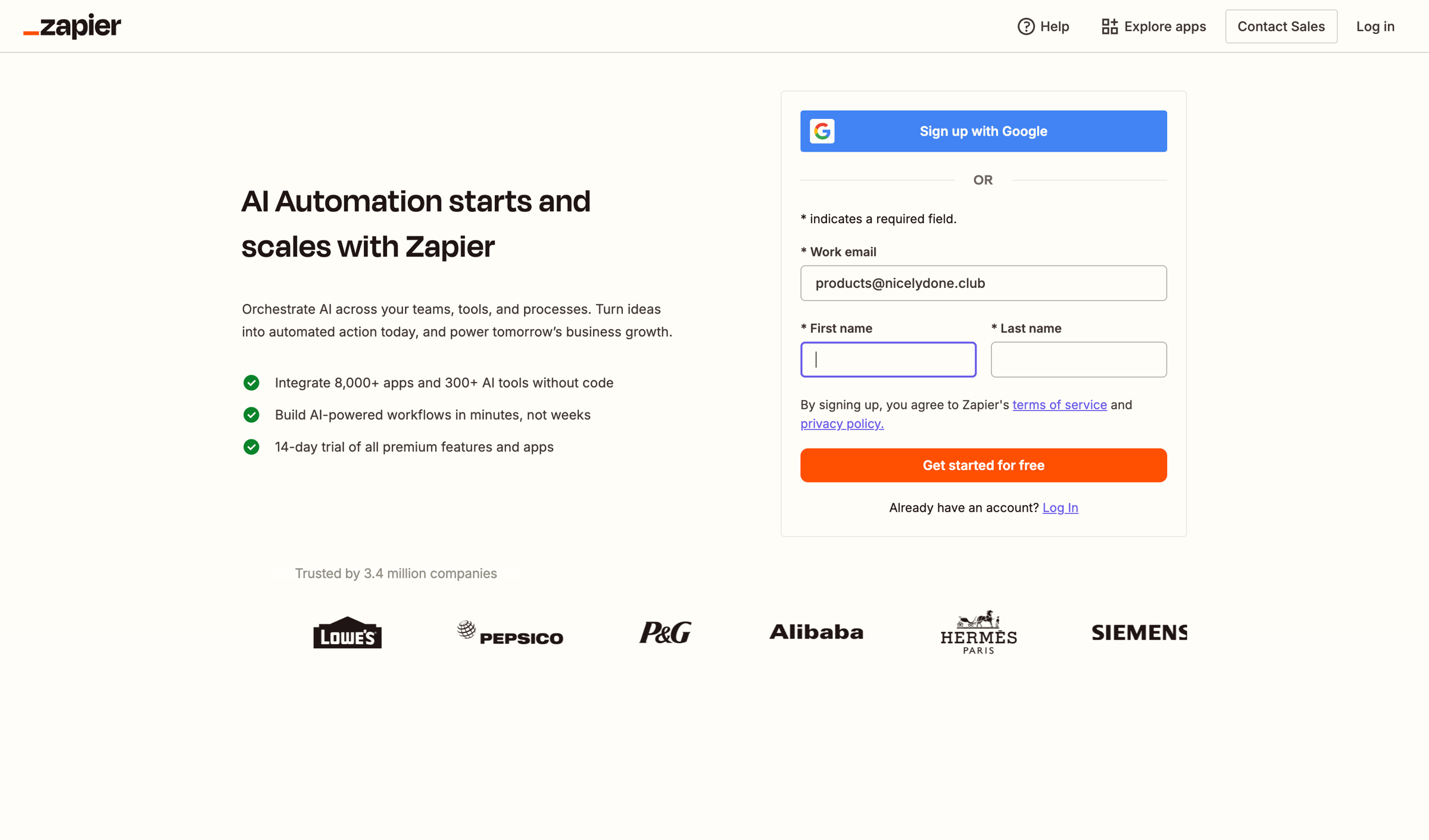 Zapier - Sign up | Zapier screen