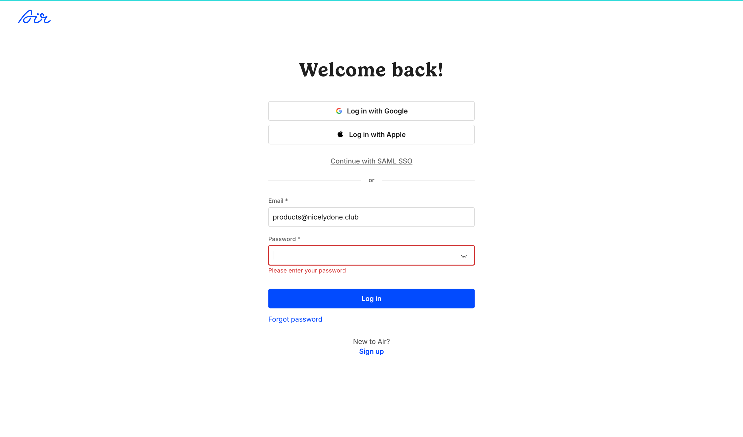 Air - Log in / Air screen