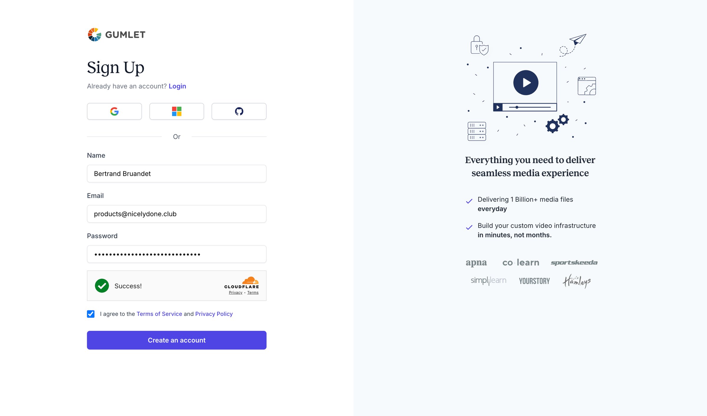 Gumlet - Create Account - Gumlet screen