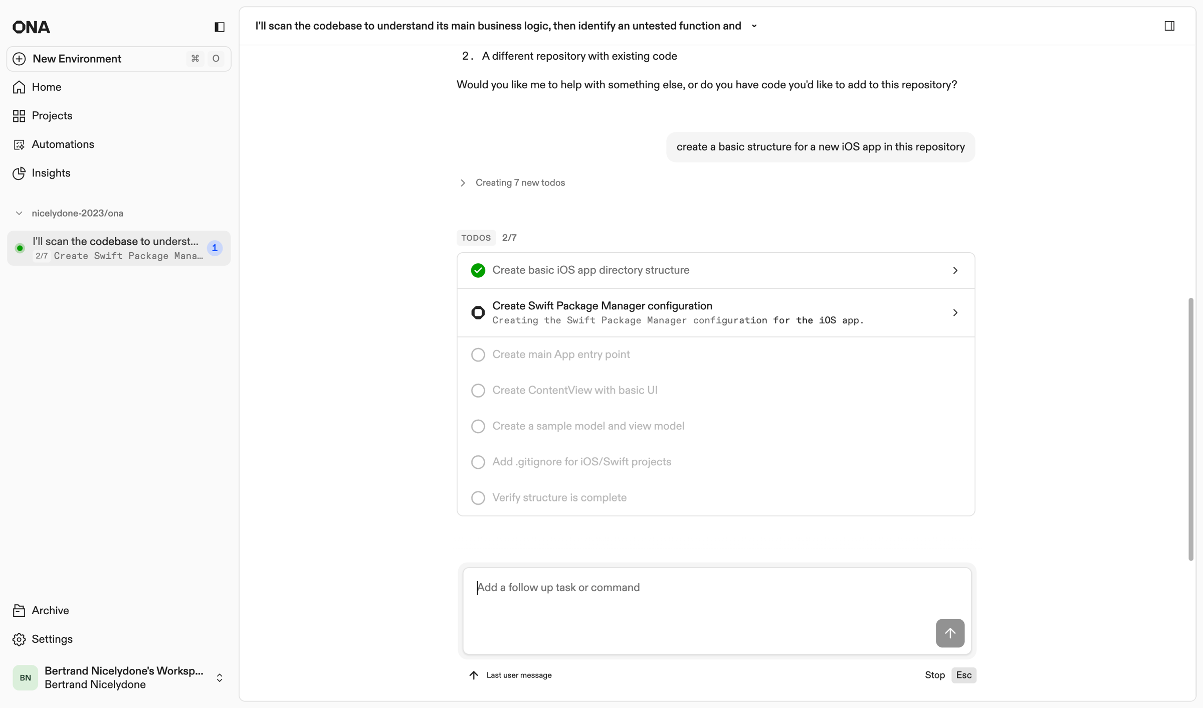 Ona - I'll scan the codebase to understand its main business logic, then identify an untested function and | Ona screen