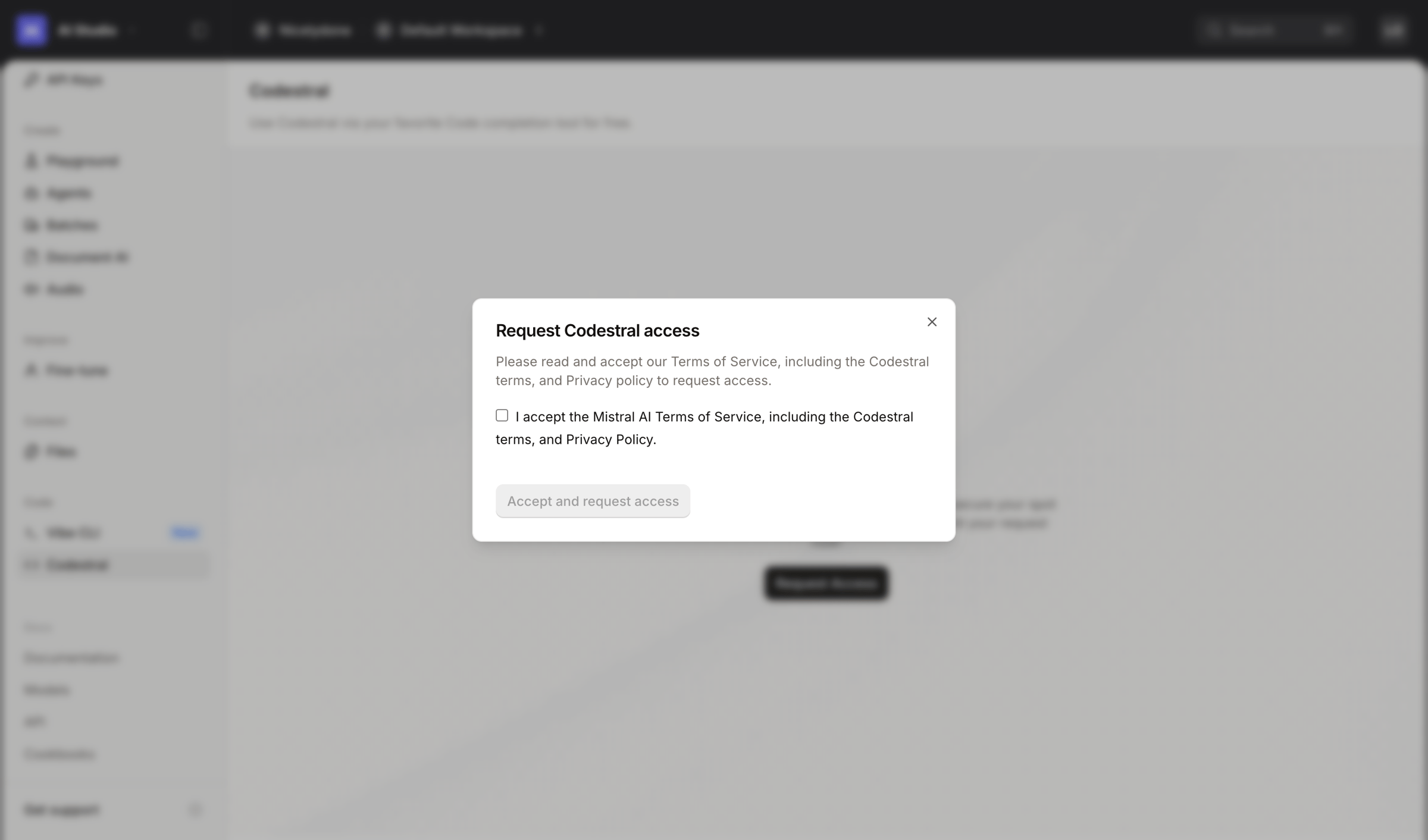 Mistral - Codestral - AI Studio - Mistral AI screen