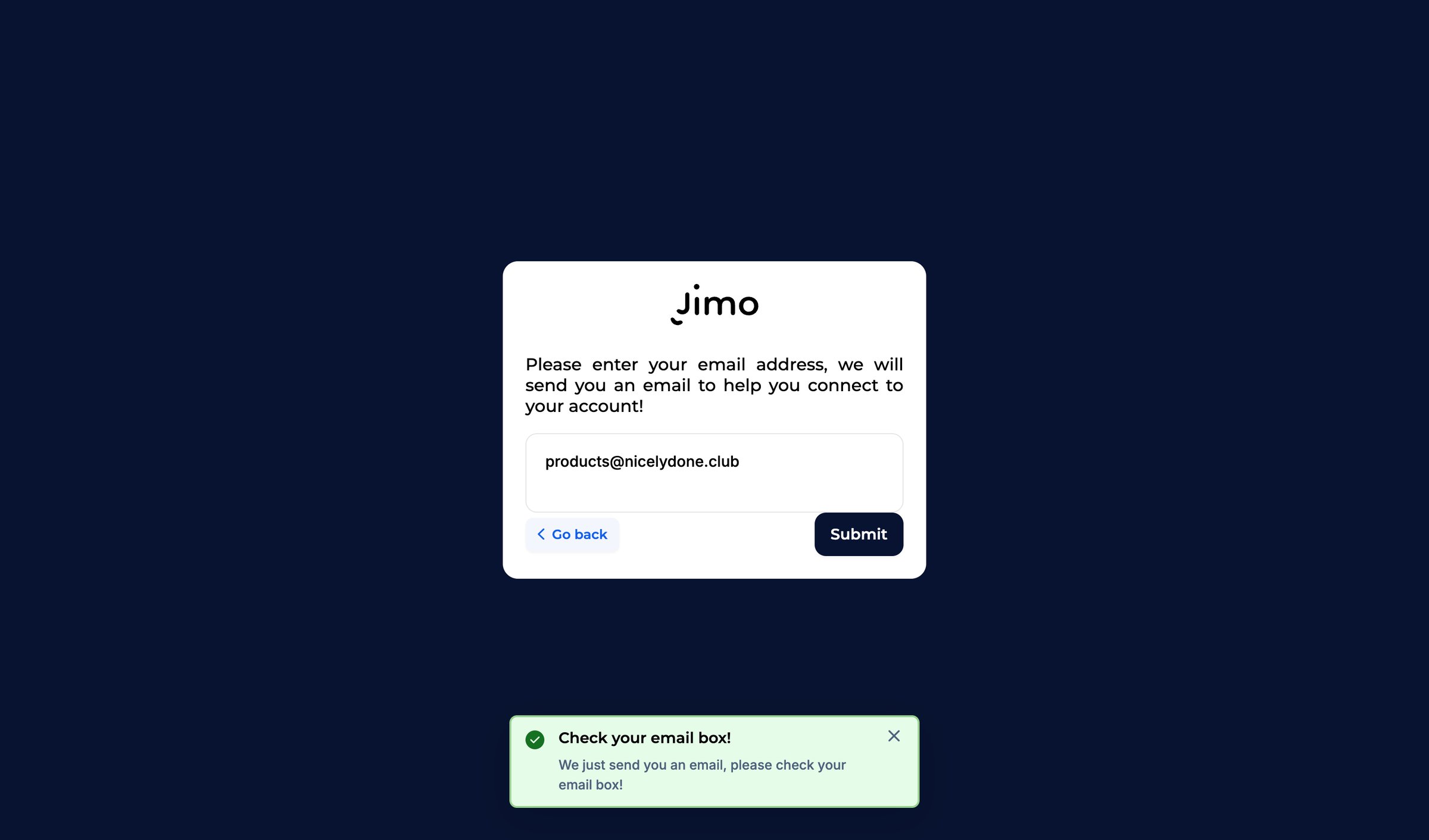 Jimo - Forgot pass · Jimo screen