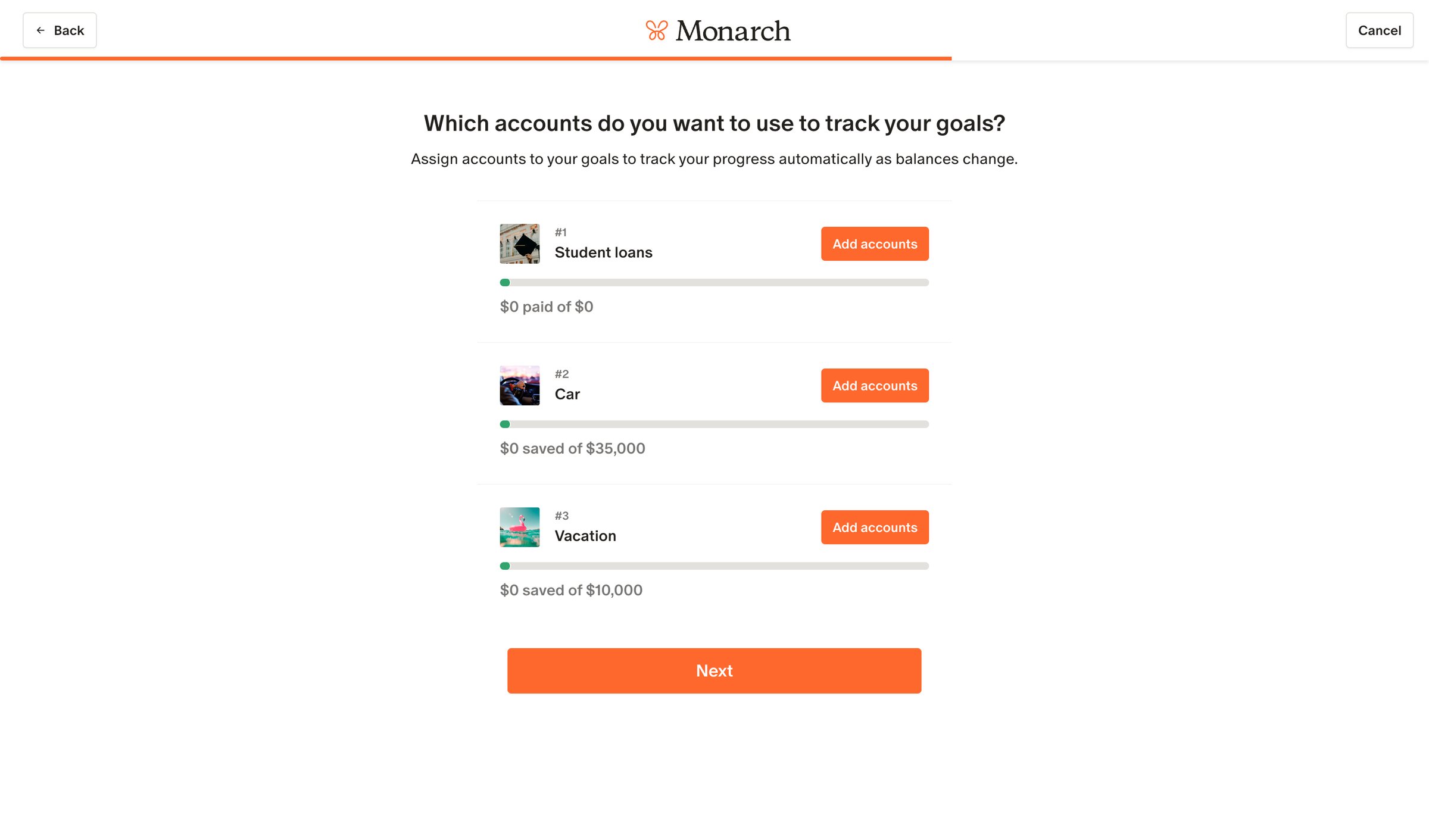 Monarch - Monarch | Goals setup screen