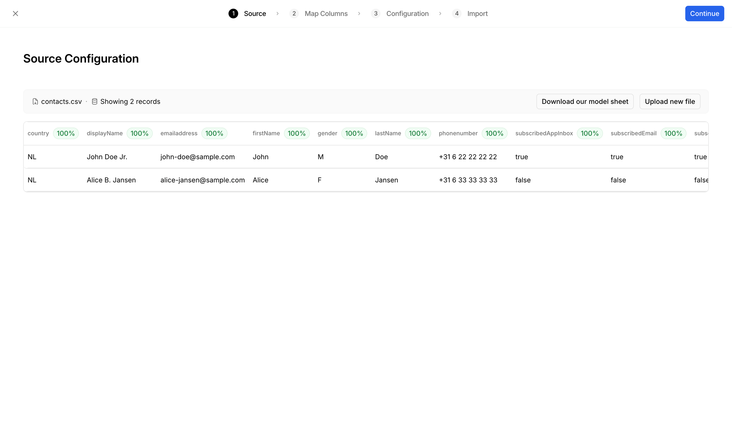 Bird - 1 Source 2 Map Columns 3 Configuration 4 Import | Bird screen