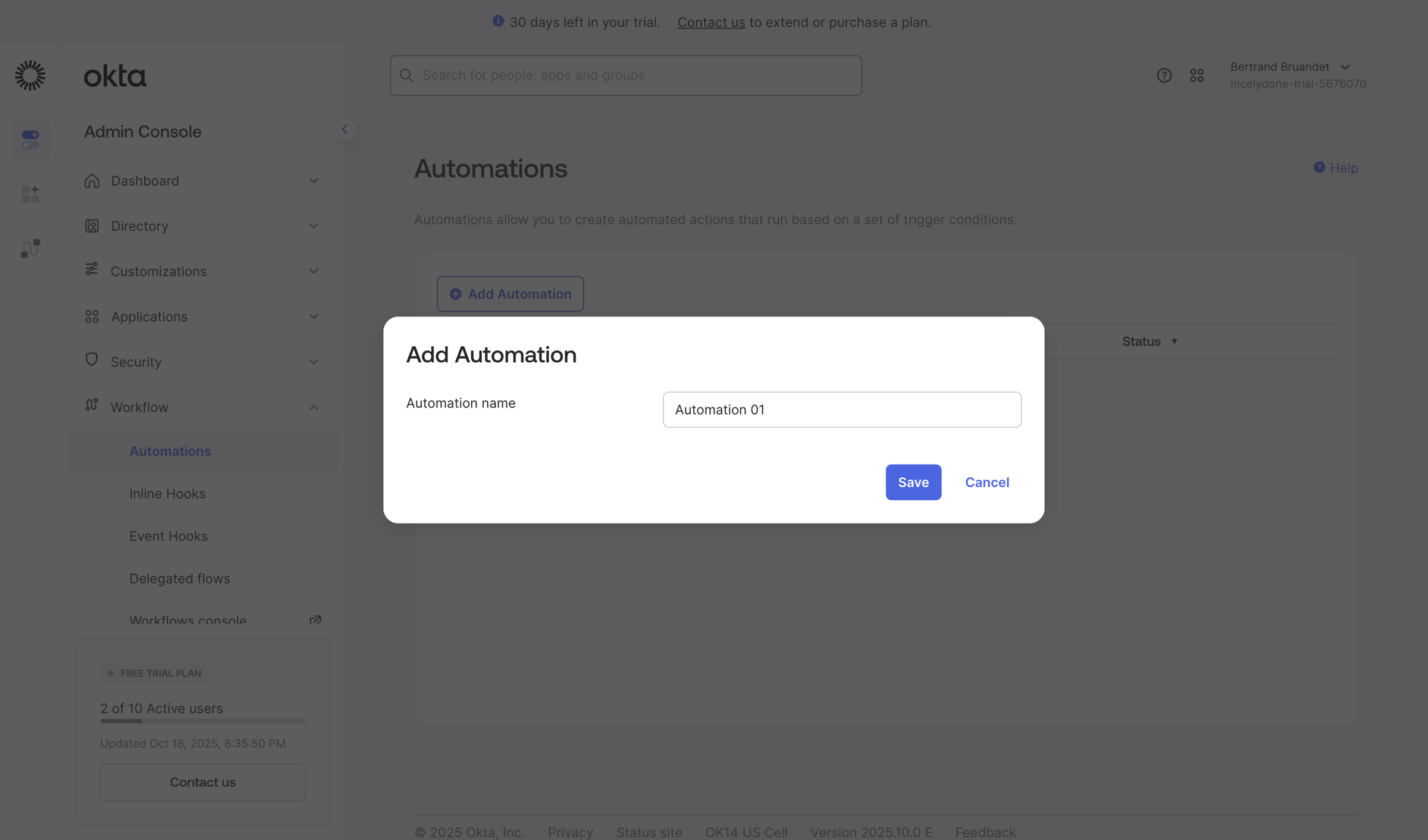 Okta - nicelydone-trial-5676070 - Automations screen