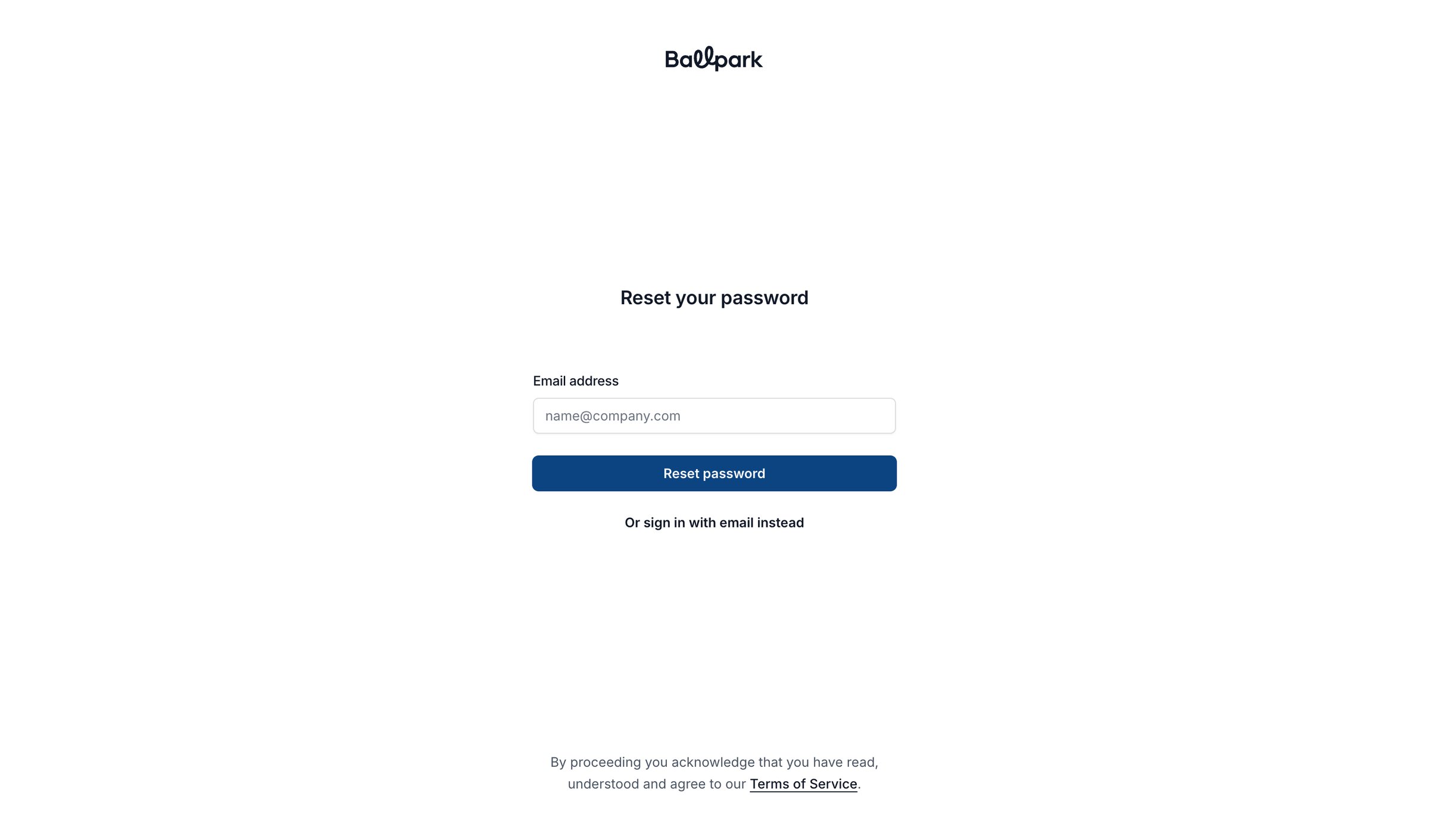 Ballpark - Reset your password | Ballpark screen