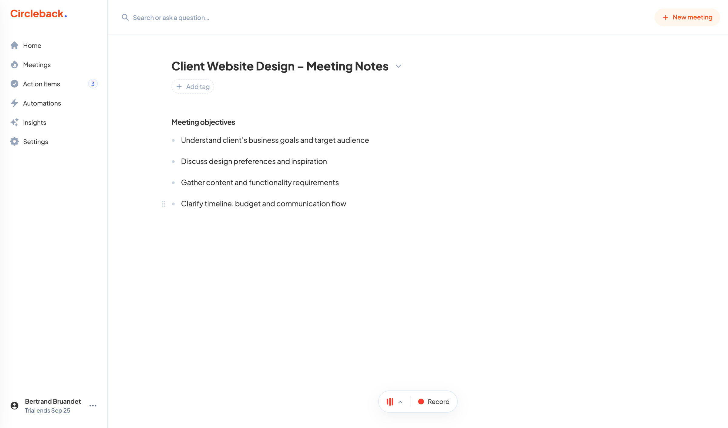 Circleback - New meeting - Circleback screen