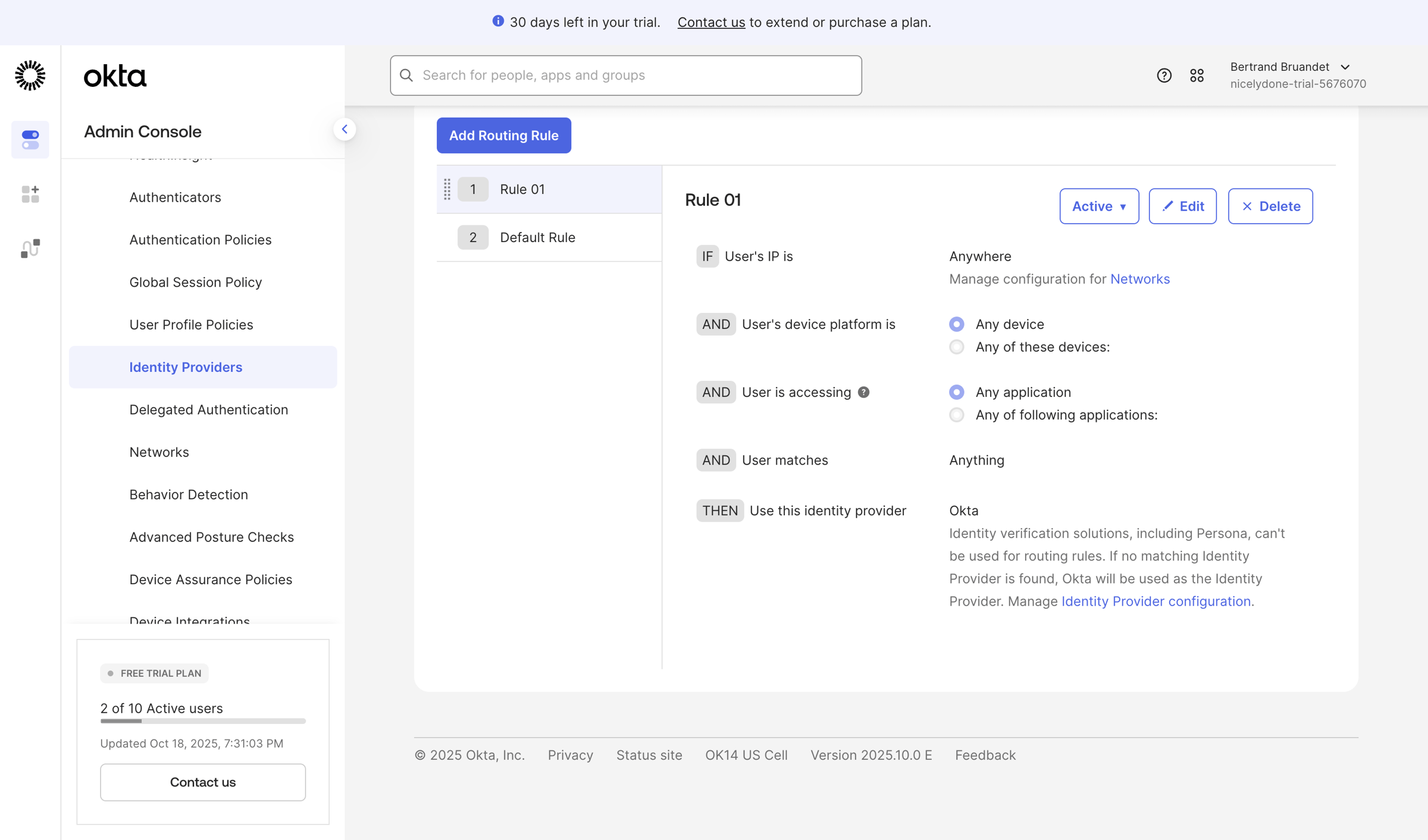 Okta - nicelydone-trial-5676070 - Identity Providers screen